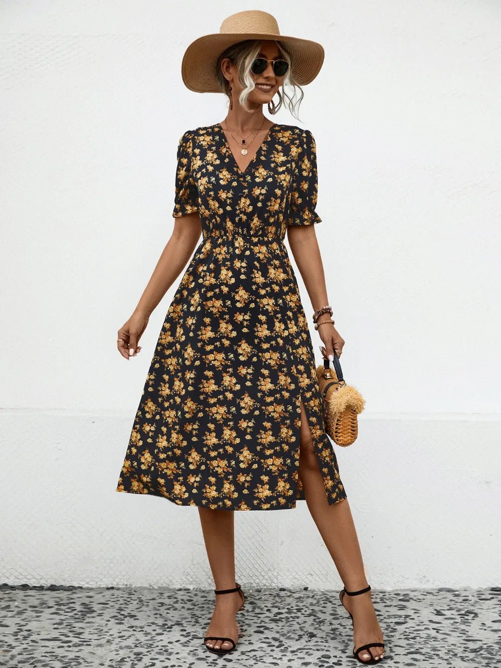 Slit Printed V - Neck Short Sleeve Dress designed for comfort and style at Lookzlike
