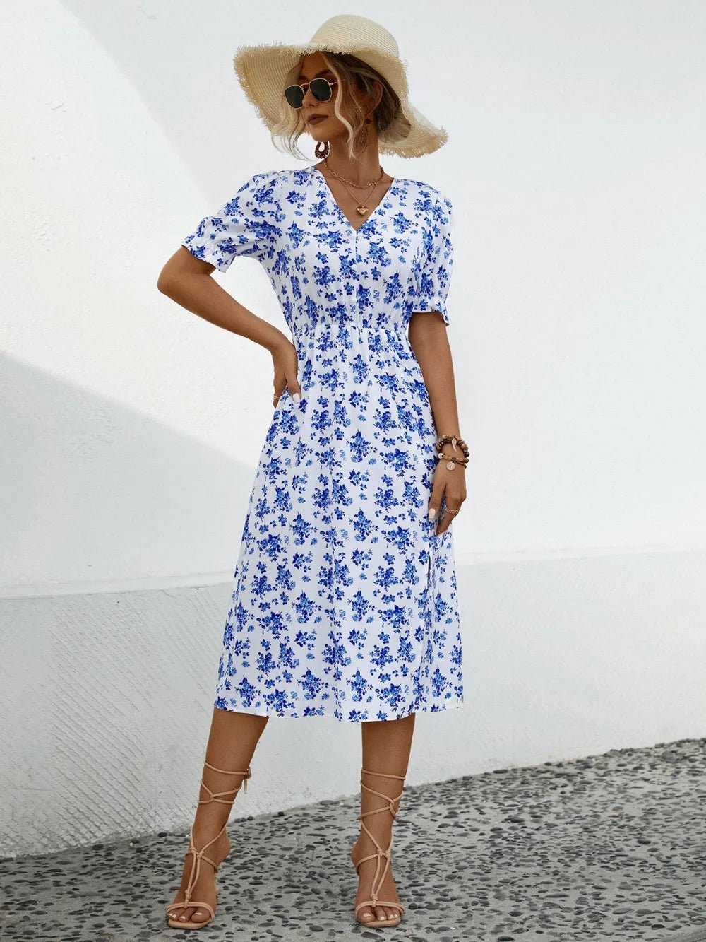 Slit Printed V - Neck Short Sleeve Dress designed for comfort and style at Lookzlike