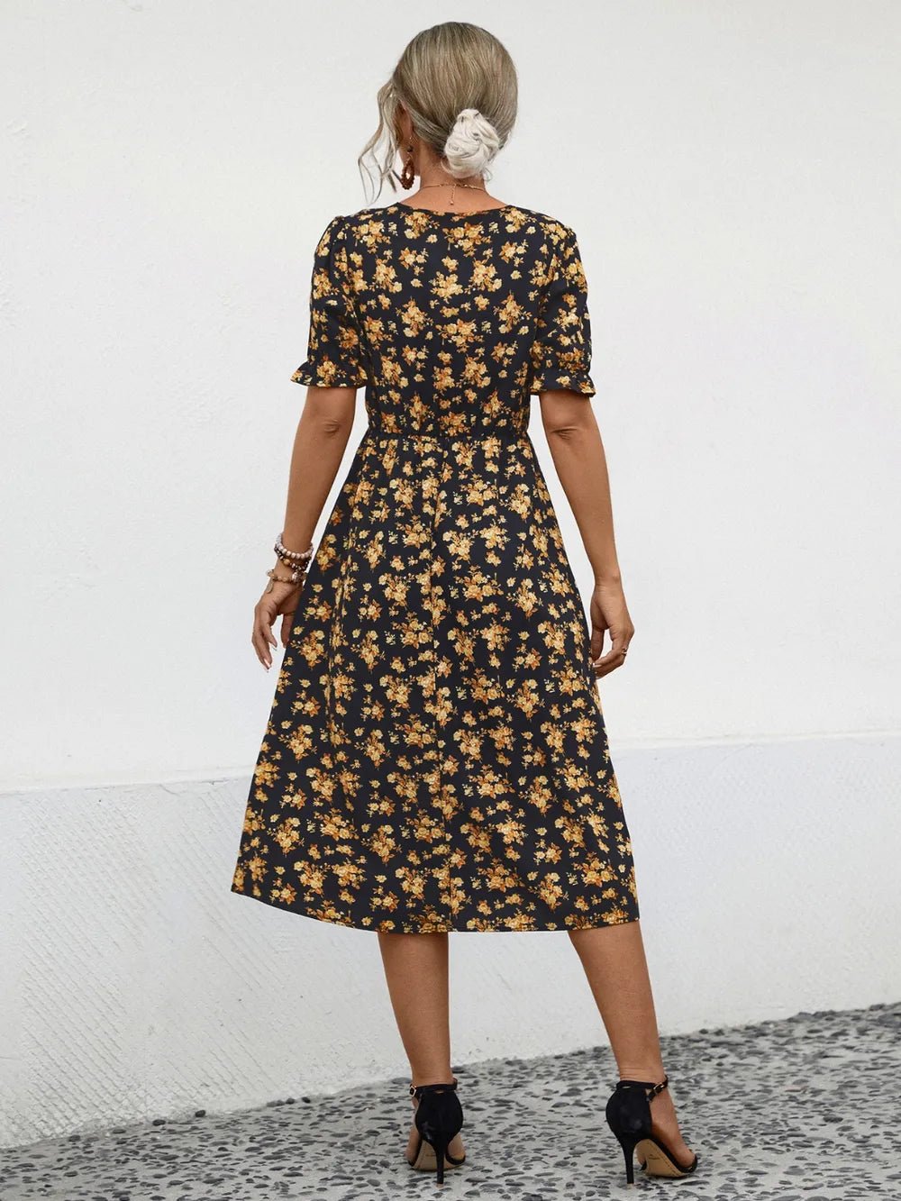 Slit Printed V - Neck Short Sleeve Dress designed for comfort and style at Lookzlike