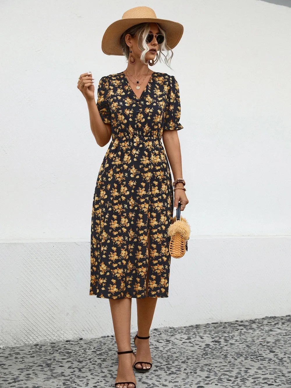 Slit Printed V - Neck Short Sleeve Dress designed for comfort and style at Lookzlike