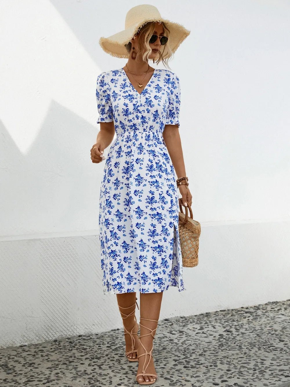 Slit Printed V - Neck Short Sleeve Dress designed for comfort and style at Lookzlike