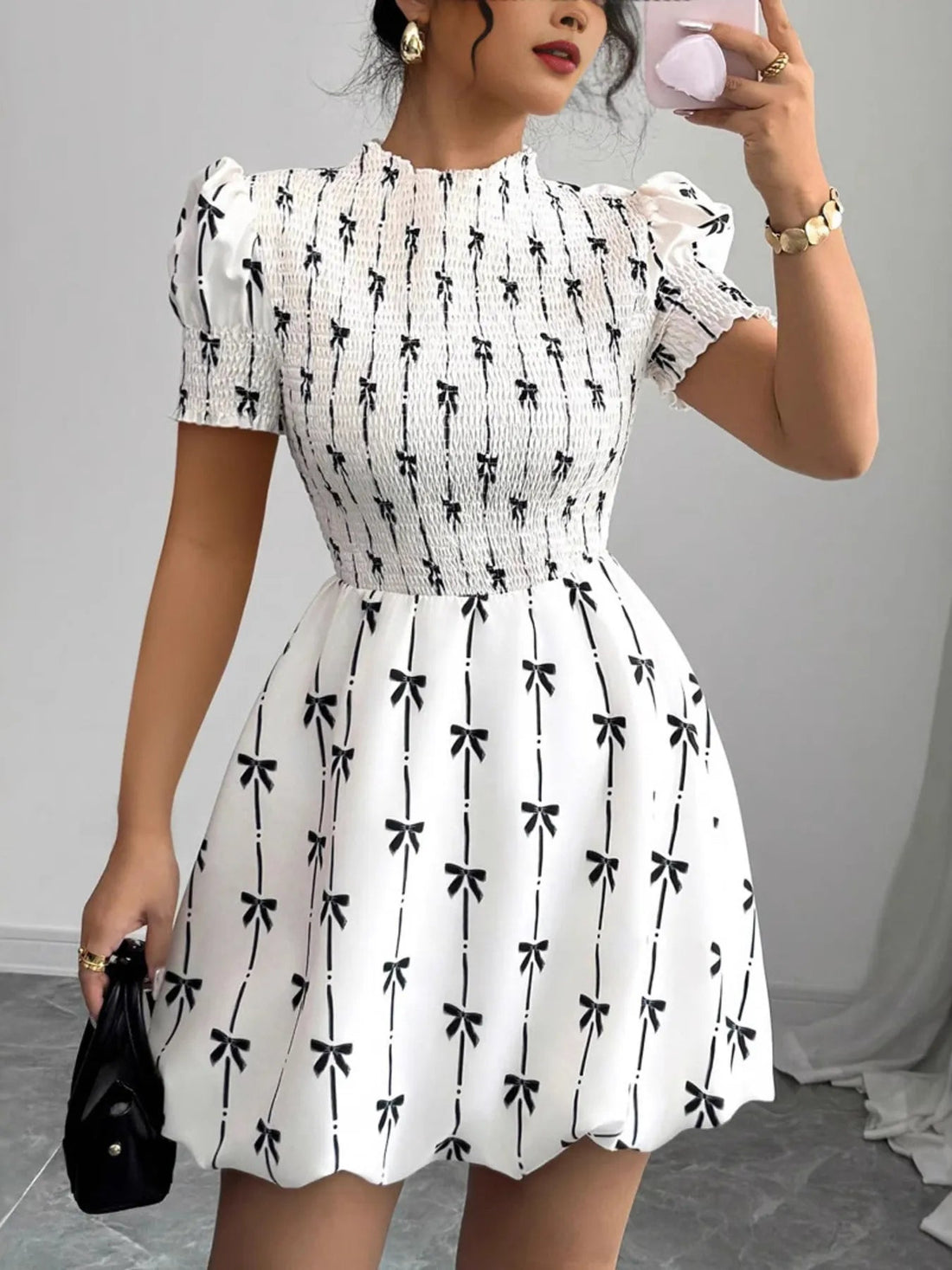 Smocked Bow Print Short Sleeve Dress designed for comfort and style at Lookzlike