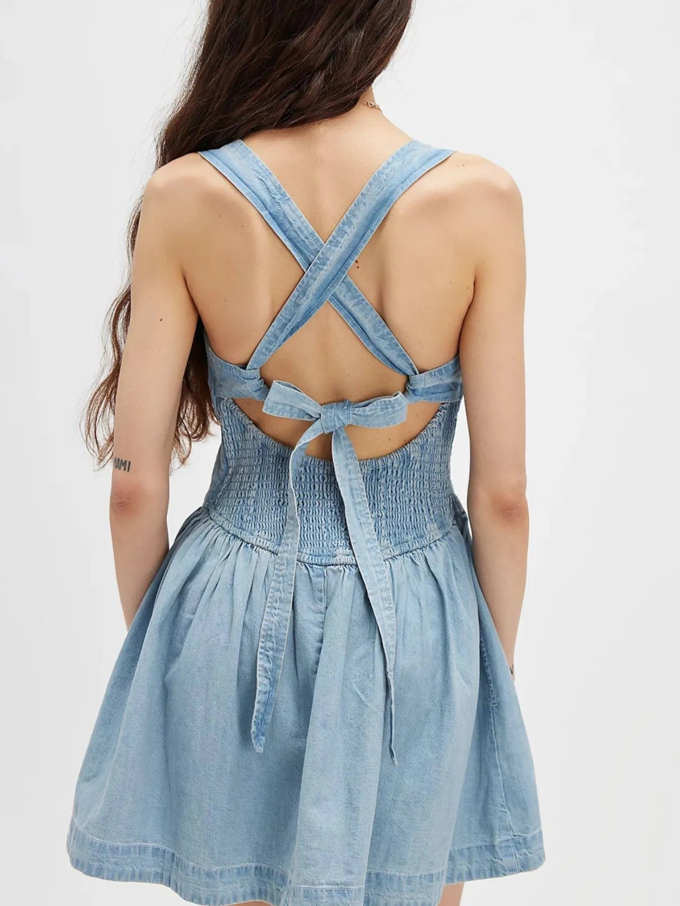 Smocked Crisscross Back Denim Mini Dress - Lookzlike