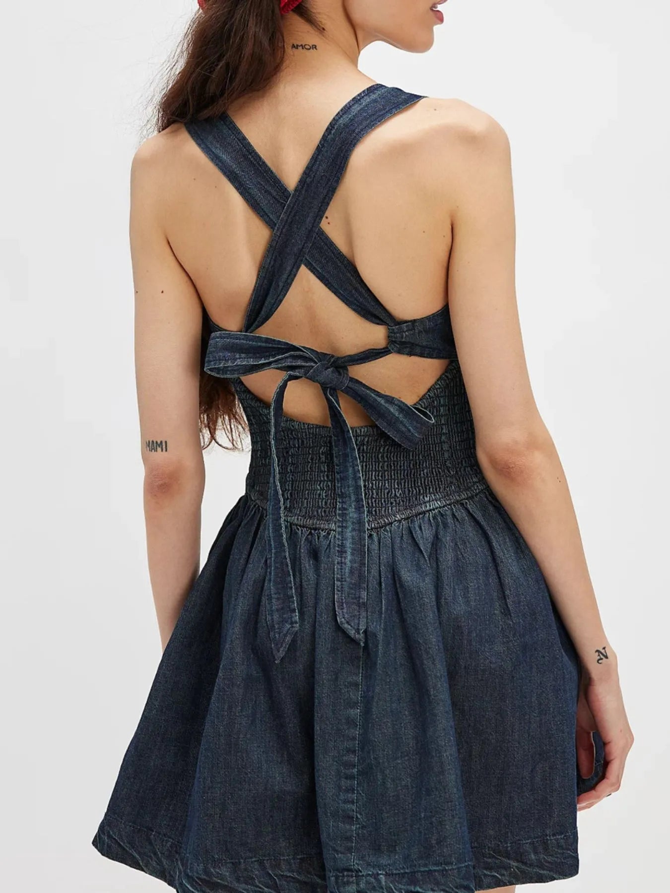 Smocked Crisscross Back Denim Mini Dress - Lookzlike