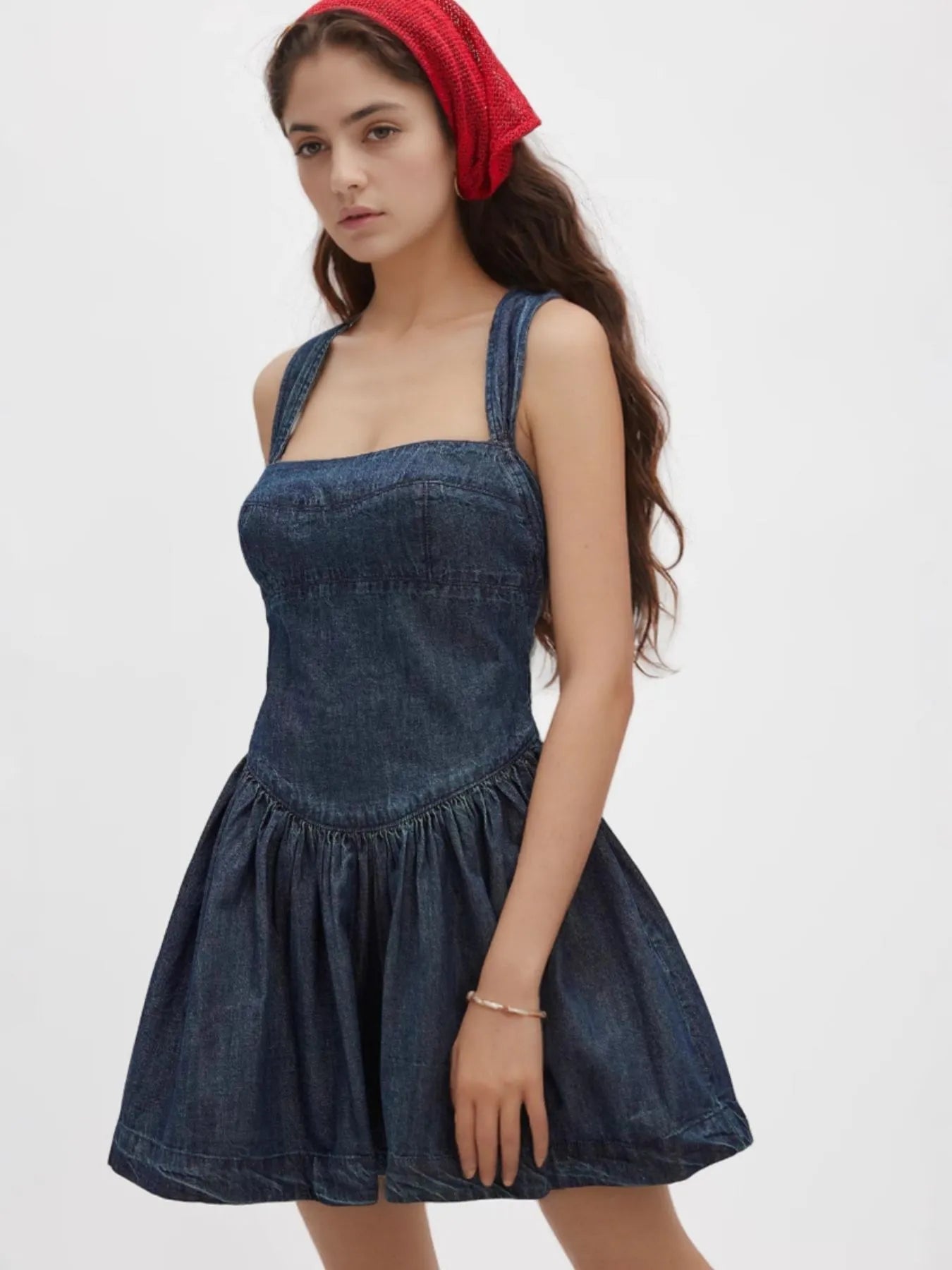Smocked Crisscross Back Denim Mini Dress - Lookzlike