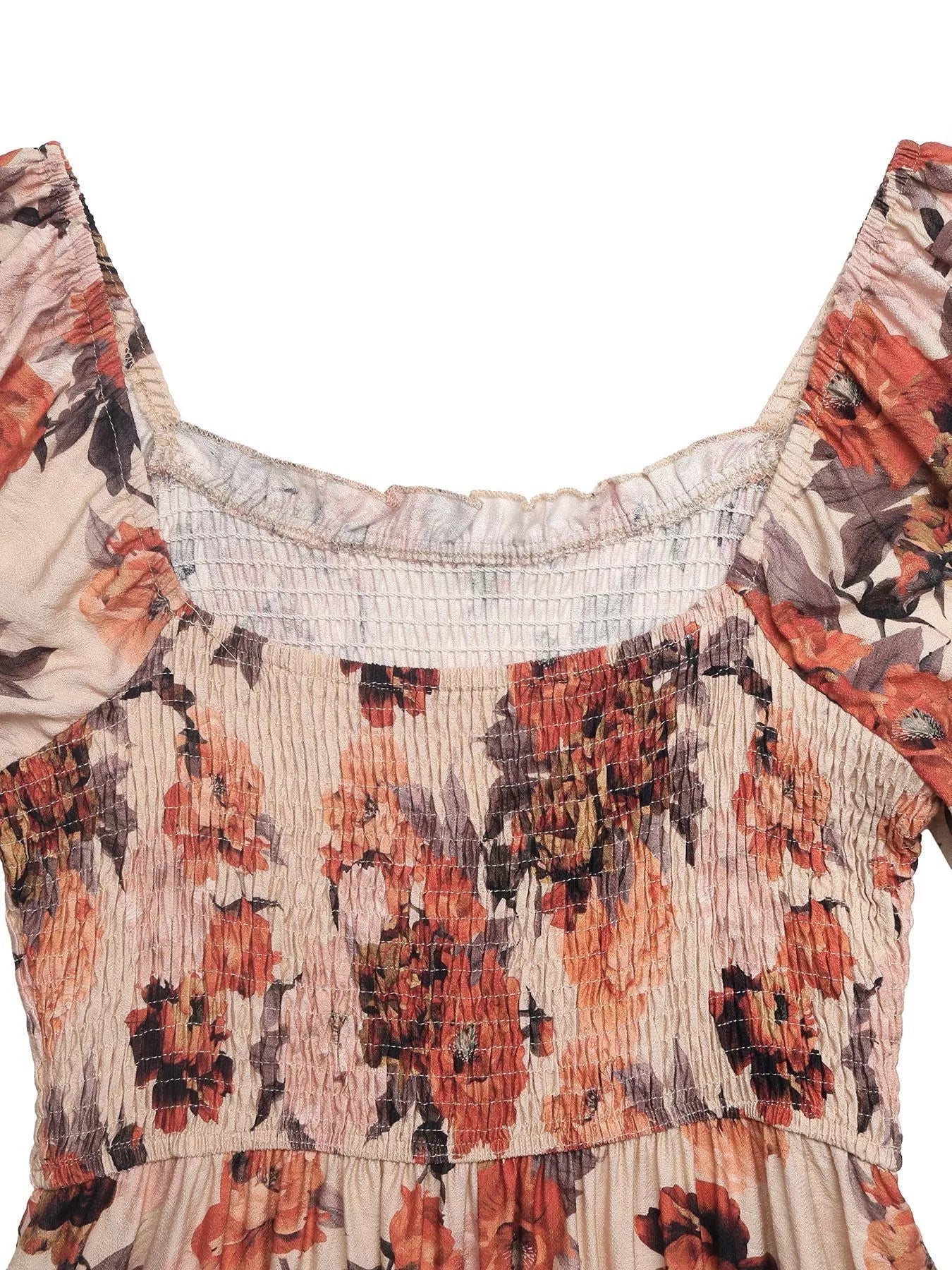 Smocked Floral Print Flounce Sleeve Dress designed for comfort and style at Lookzlike