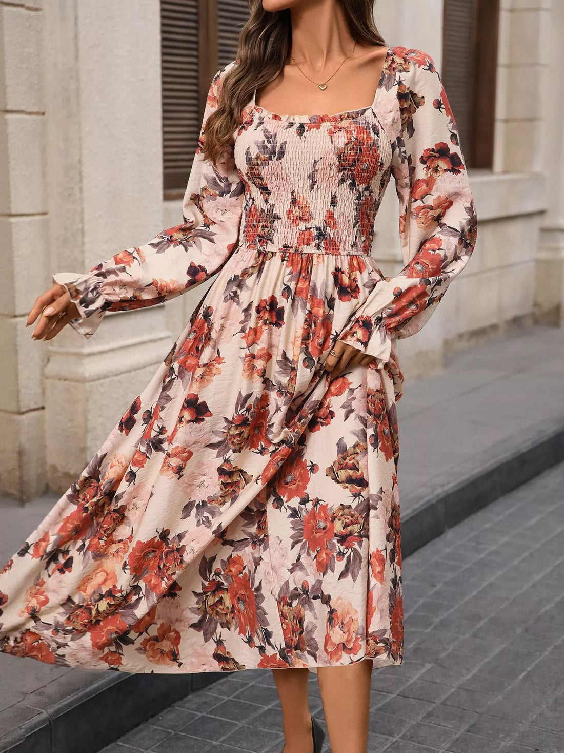 Smocked Floral Print Flounce Sleeve Dress designed for comfort and style at Lookzlike