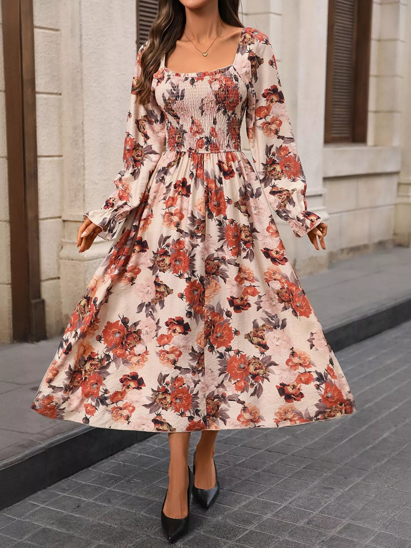 Smocked Floral Print Flounce Sleeve Dress designed for comfort and style at Lookzlike