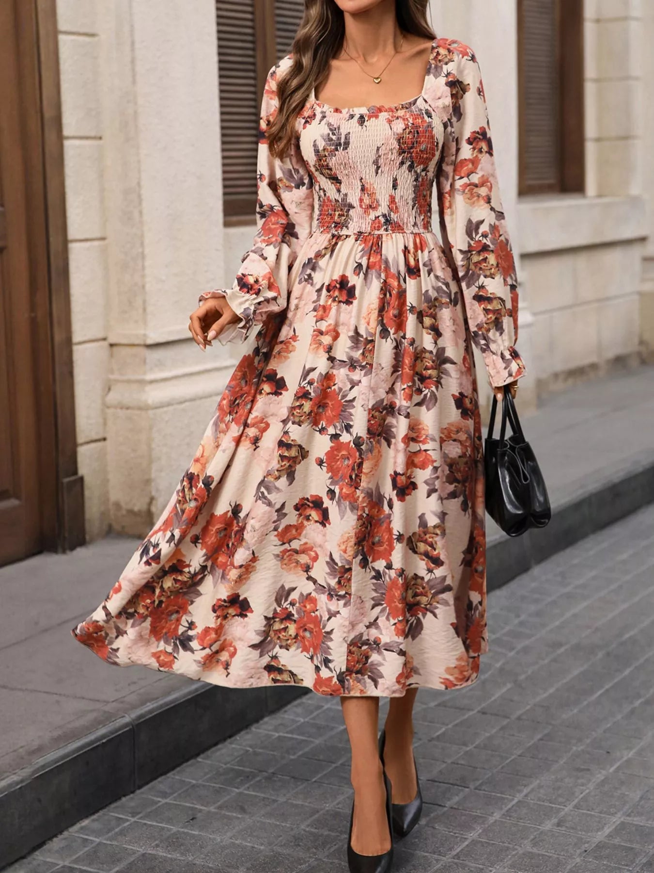 Smocked Floral Print Flounce Sleeve Dress designed for comfort and style at Lookzlike