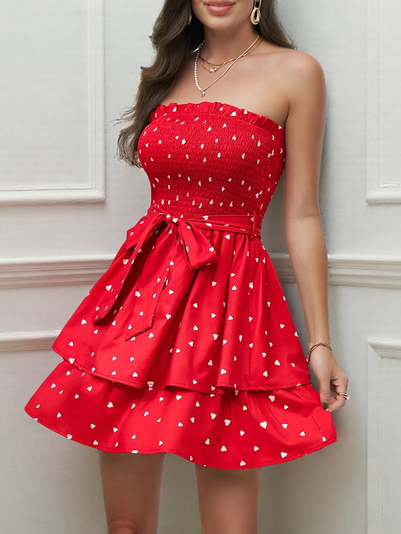 Smocked Heart Print Tube Dress designed for comfort and style at Lookzlike
