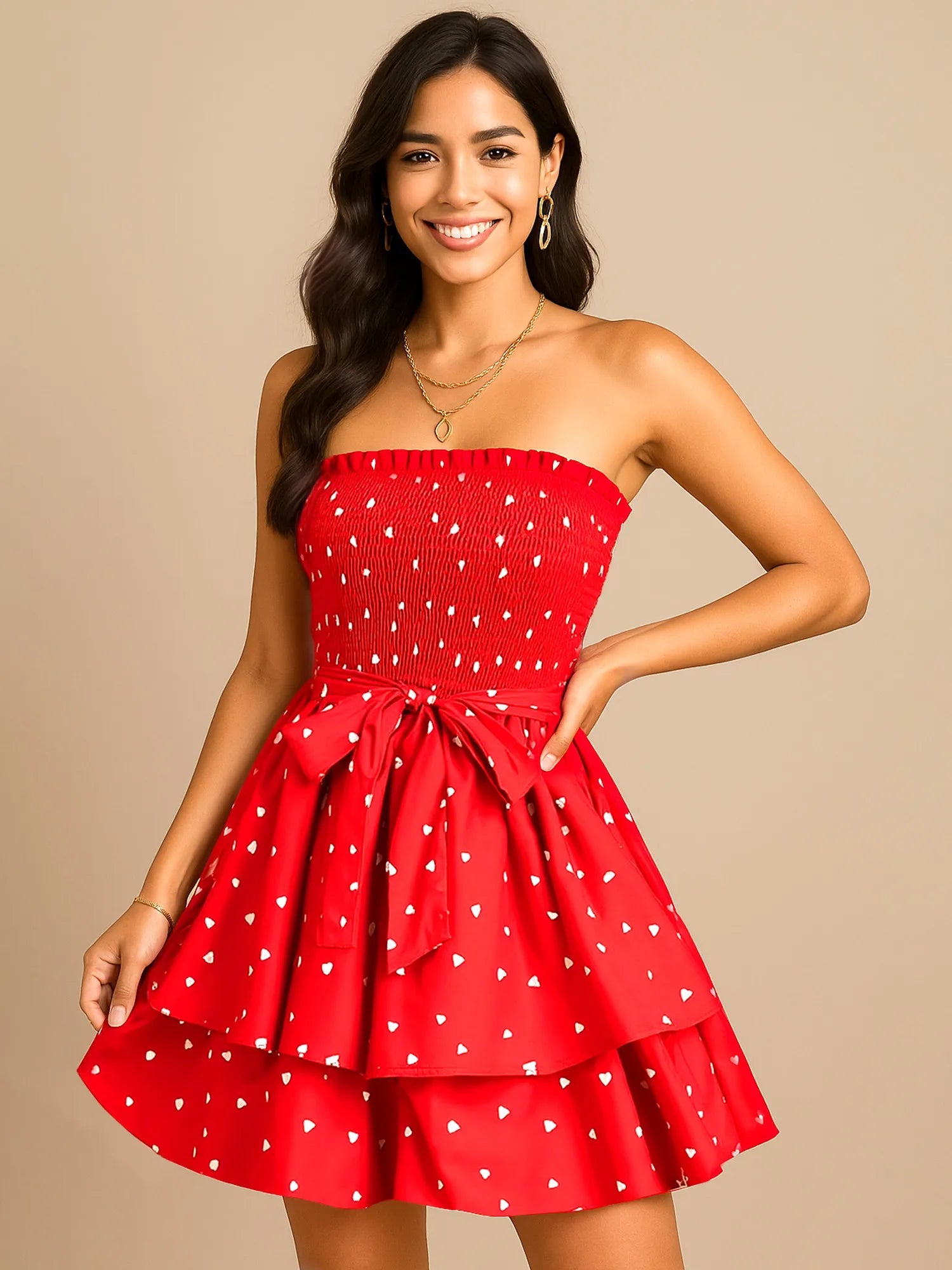 Smocked Heart Print Tube Dress designed for comfort and style at Lookzlike