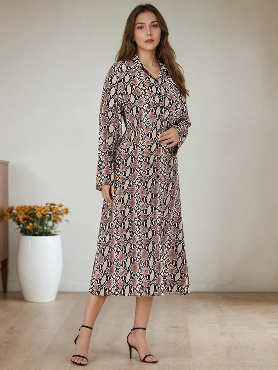 Snake Print Long Sleeve Shirt Dress designed for comfort and style at Lookzlike
