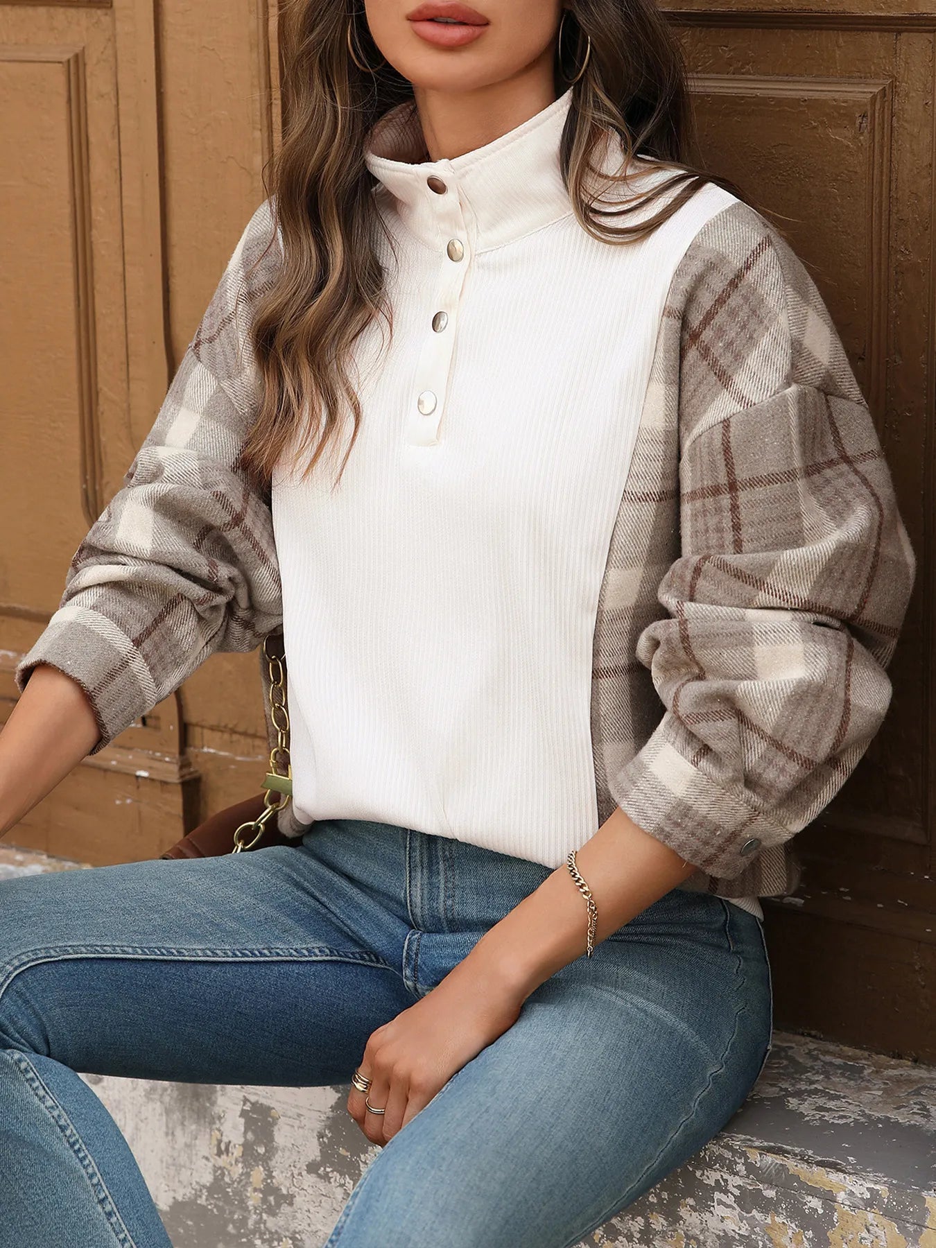 Snap Down Plaid Long Sleeve Sweatshirt designed for comfort and style at Lookzlike