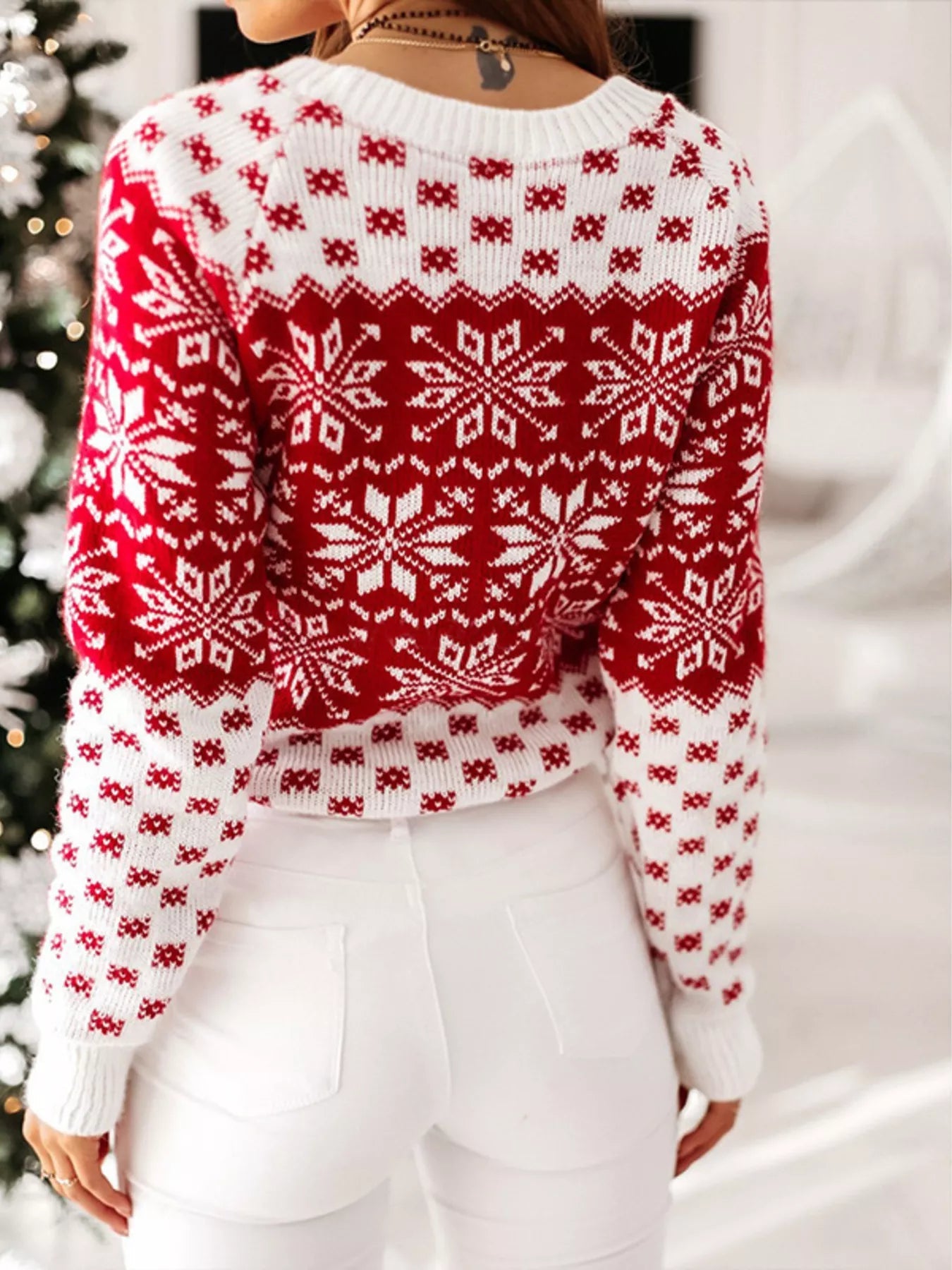 Snowflake Pattern Long Sleeve Sweater designed for comfort and style at Lookzlike