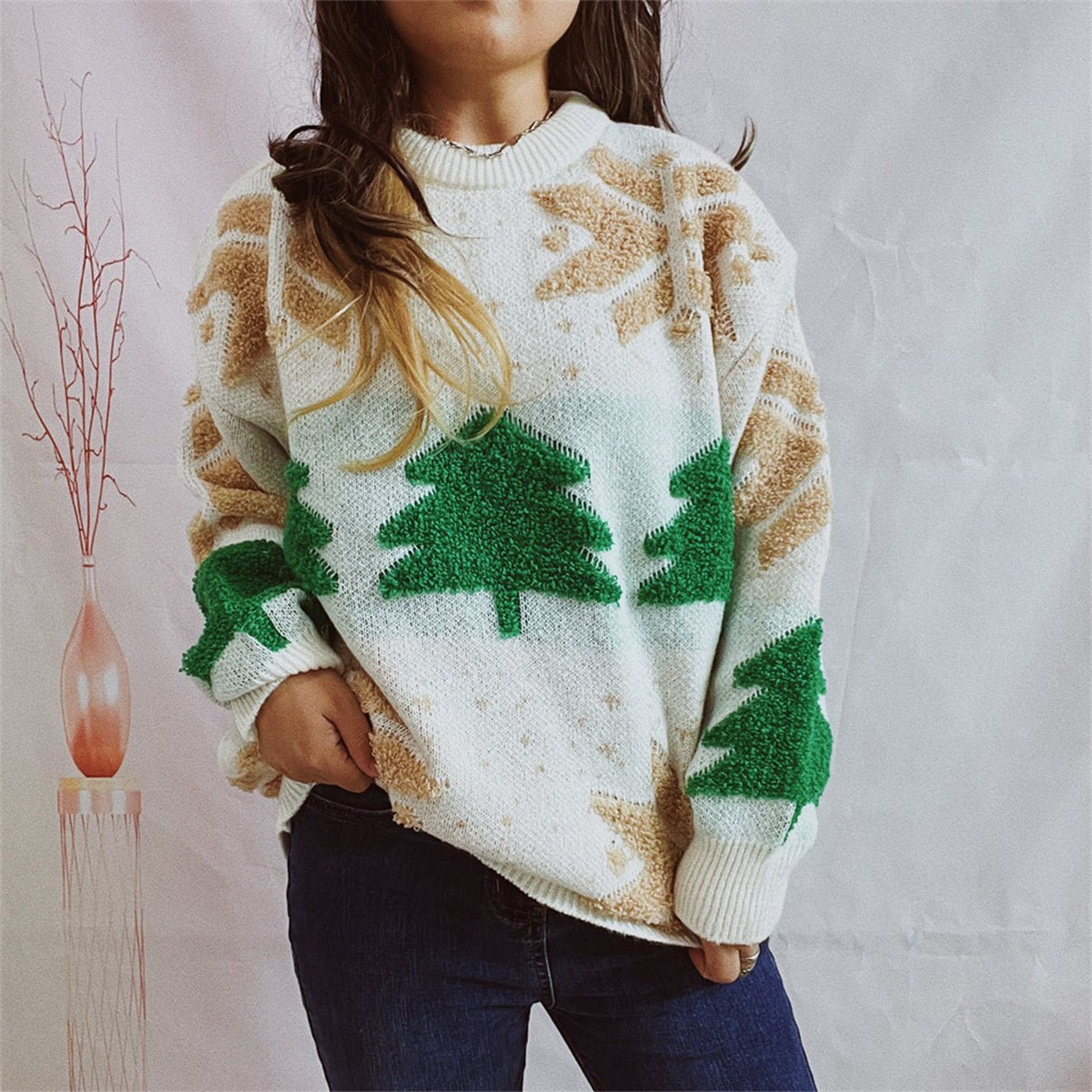 Snowflake Round Neck Long Sleeve Sweater designed for comfort and style at Lookzlike