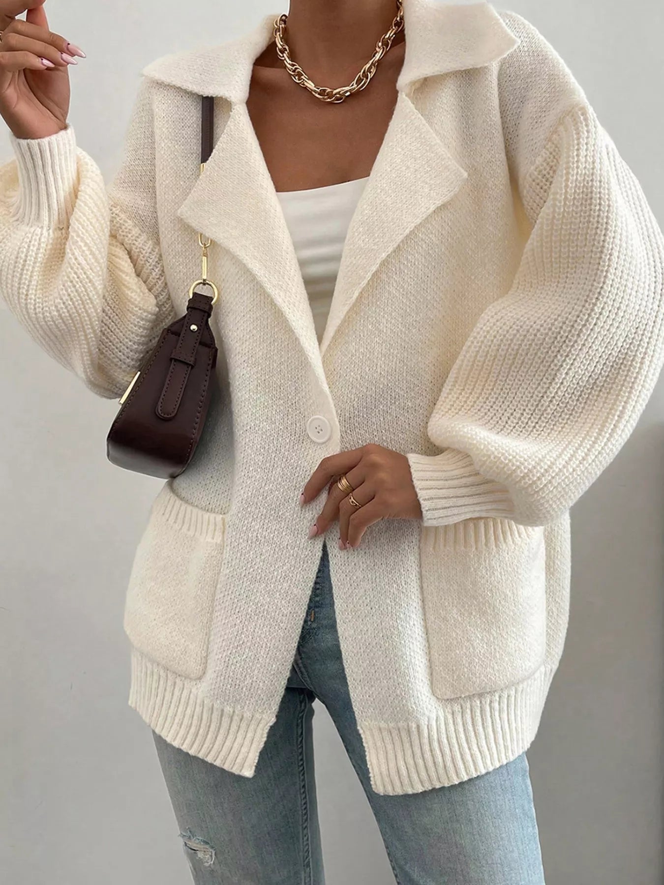 Solid Color Knit Lapel Collar Single Button Sweater Cardigan designed for comfort and style at Lookzlike