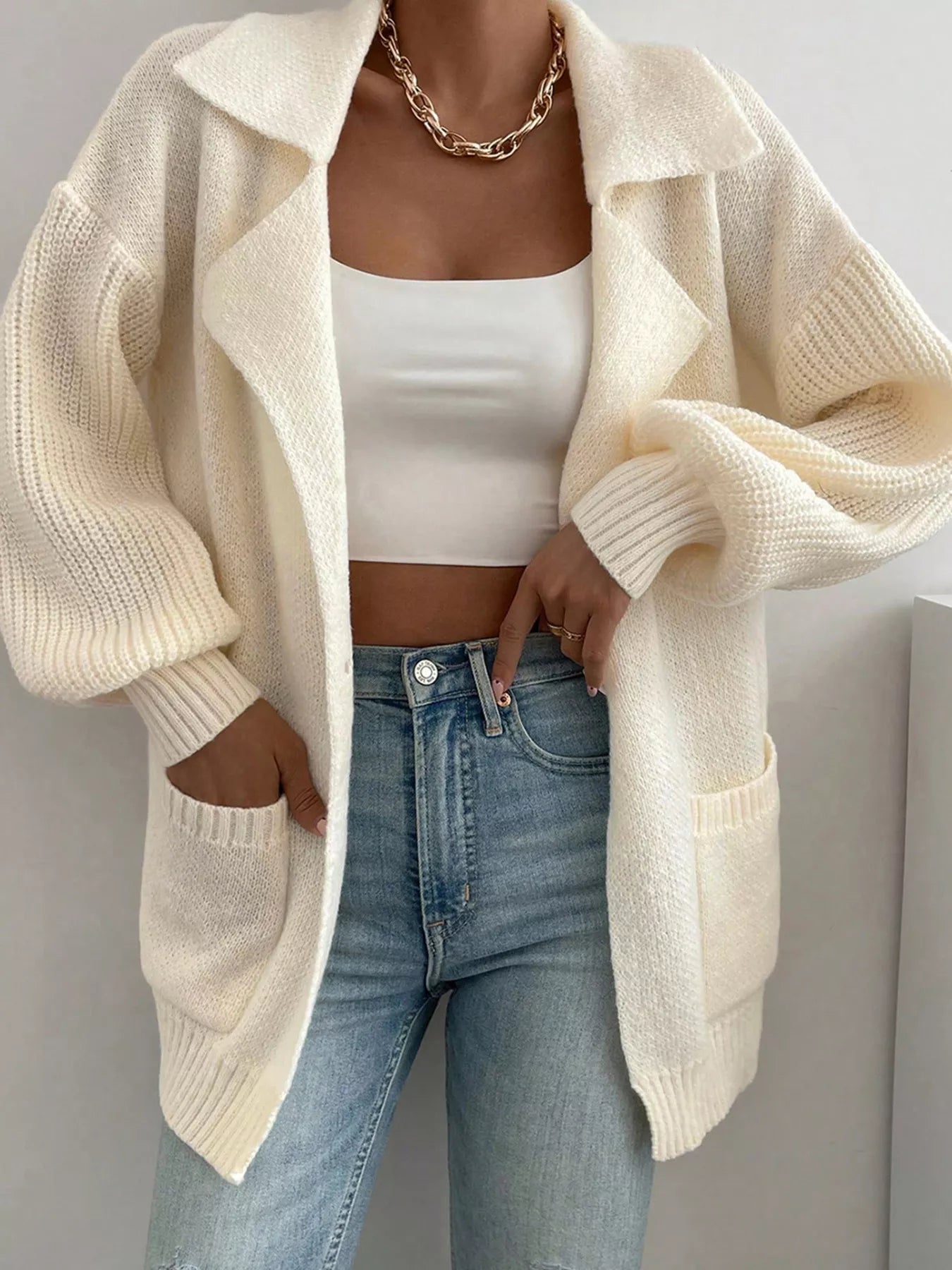 Solid Color Knit Lapel Collar Single Button Sweater Cardigan designed for comfort and style at Lookzlike