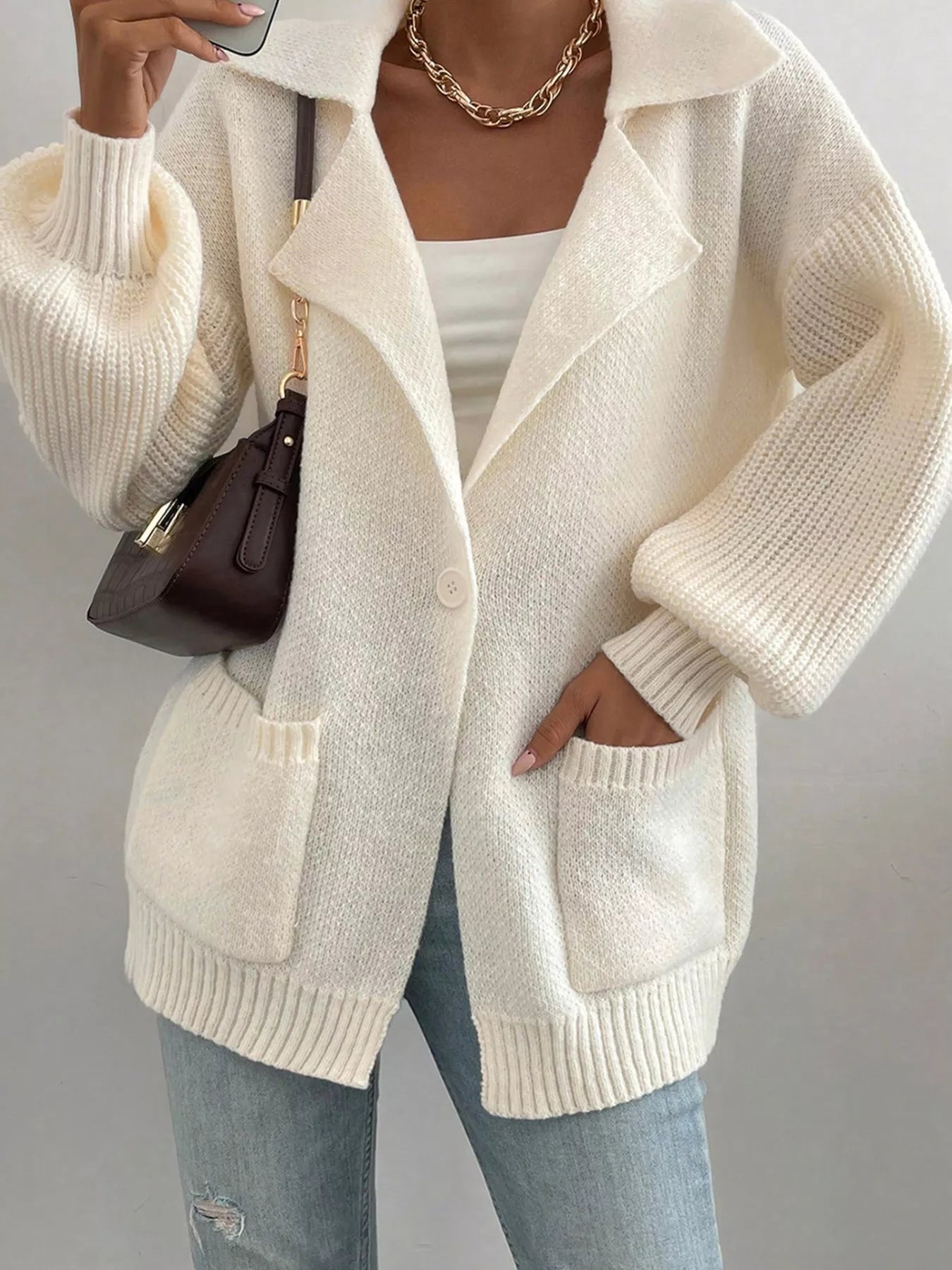 Solid Color Knit Lapel Collar Single Button Sweater Cardigan designed for comfort and style at Lookzlike