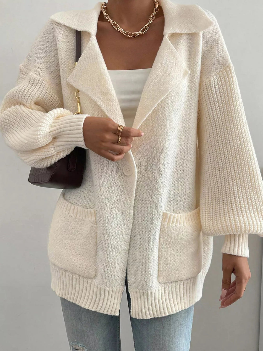 Solid Color Knit Lapel Collar Single Button Sweater Cardigan designed for comfort and style at Lookzlike