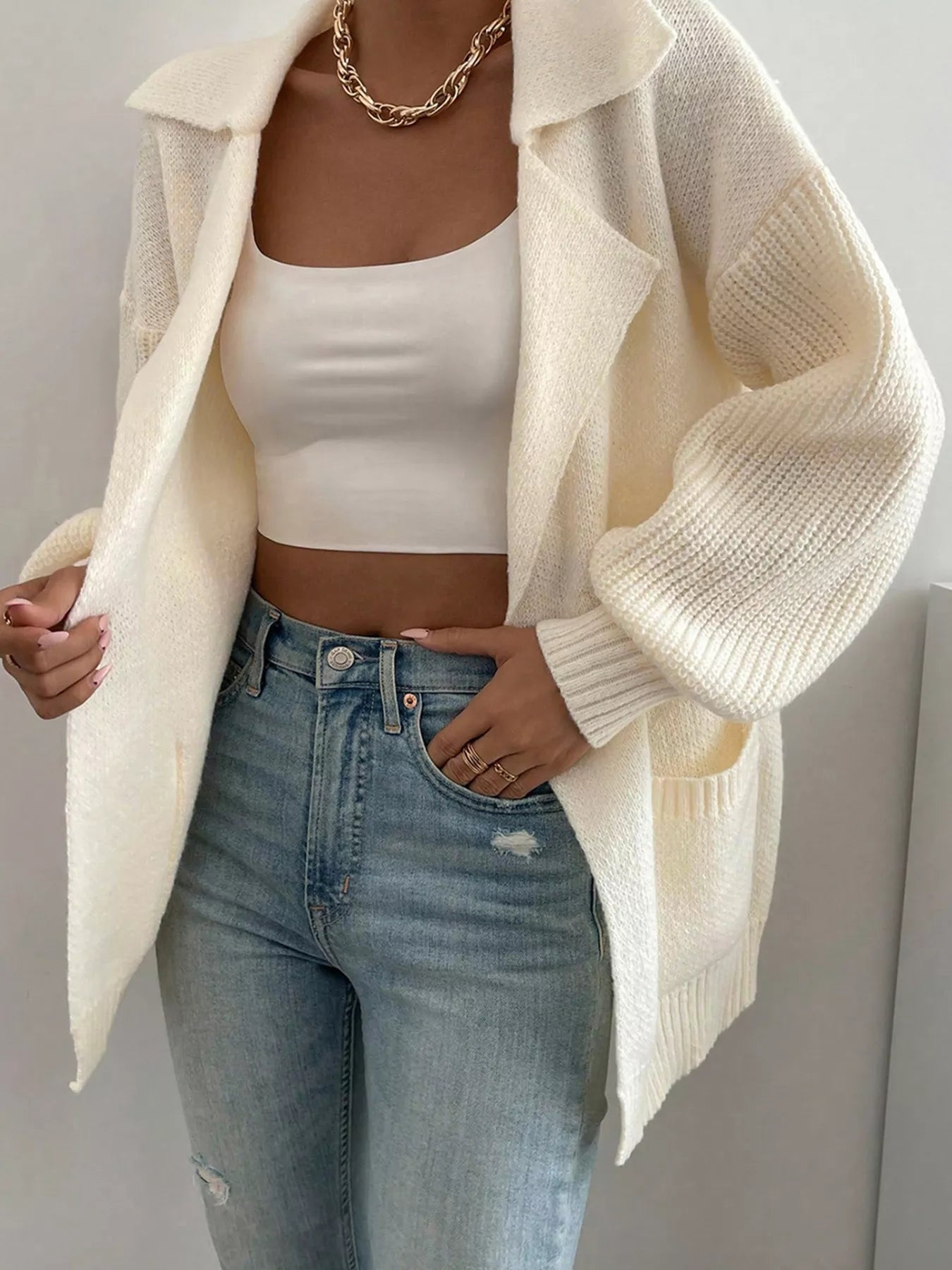 Solid Color Knit Lapel Collar Single Button Sweater Cardigan designed for comfort and style at Lookzlike