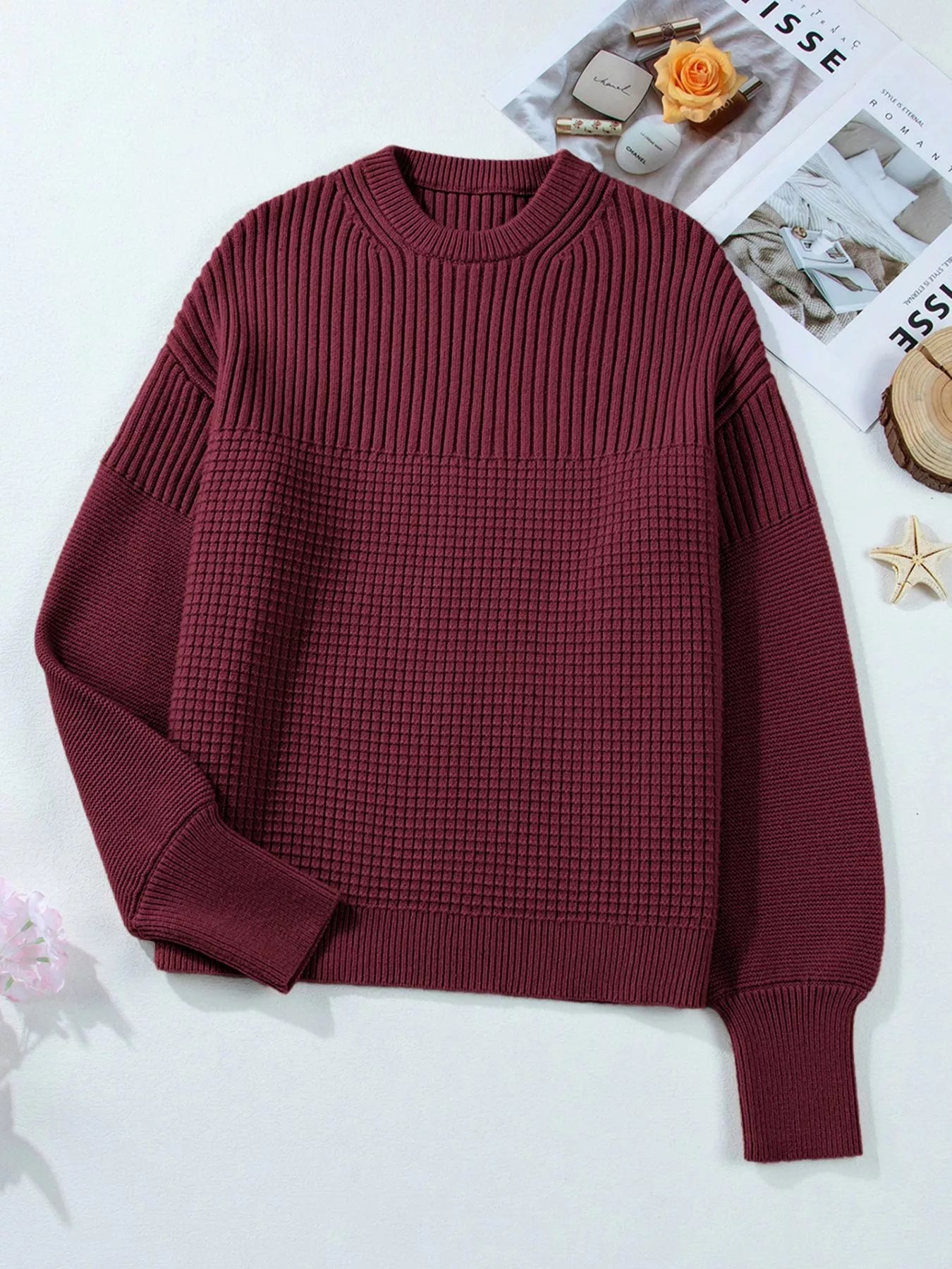 Solid Color Mixed Textured Knitted Crew Neck Sweater designed for comfort and style at Lookzlike