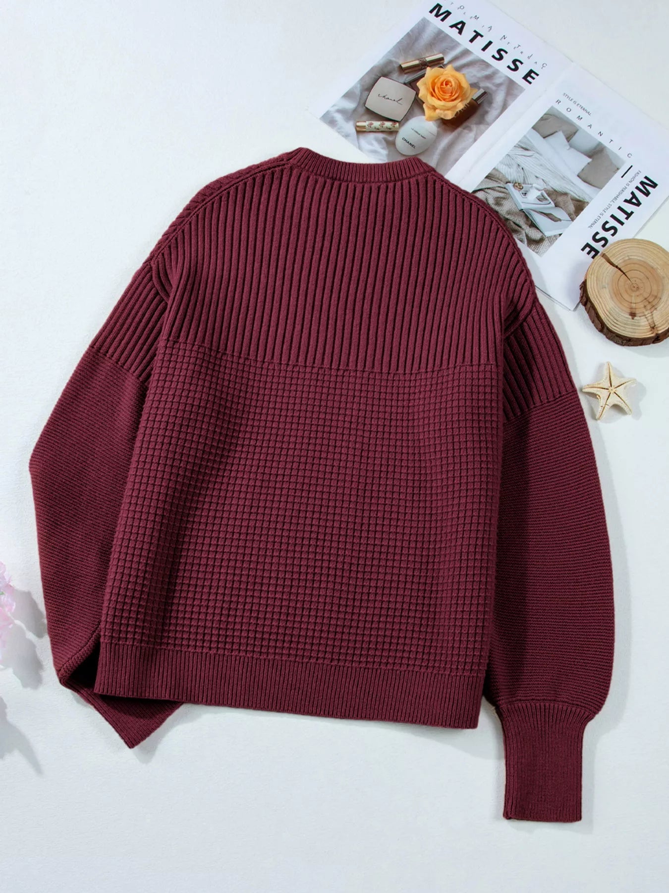 Solid Color Mixed Textured Knitted Crew Neck Sweater designed for comfort and style at Lookzlike