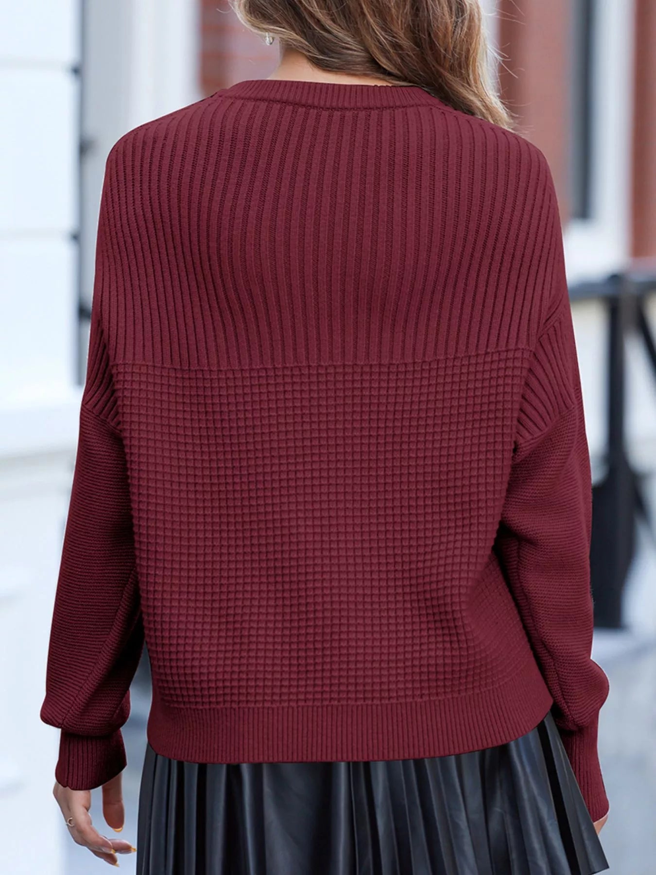 Solid Color Mixed Textured Knitted Crew Neck Sweater designed for comfort and style at Lookzlike