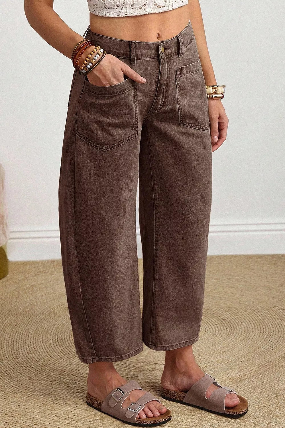 Solid Color Square Patch Pocket Ankle-length Barrel Jeans designed for comfort and style at Lookzlike