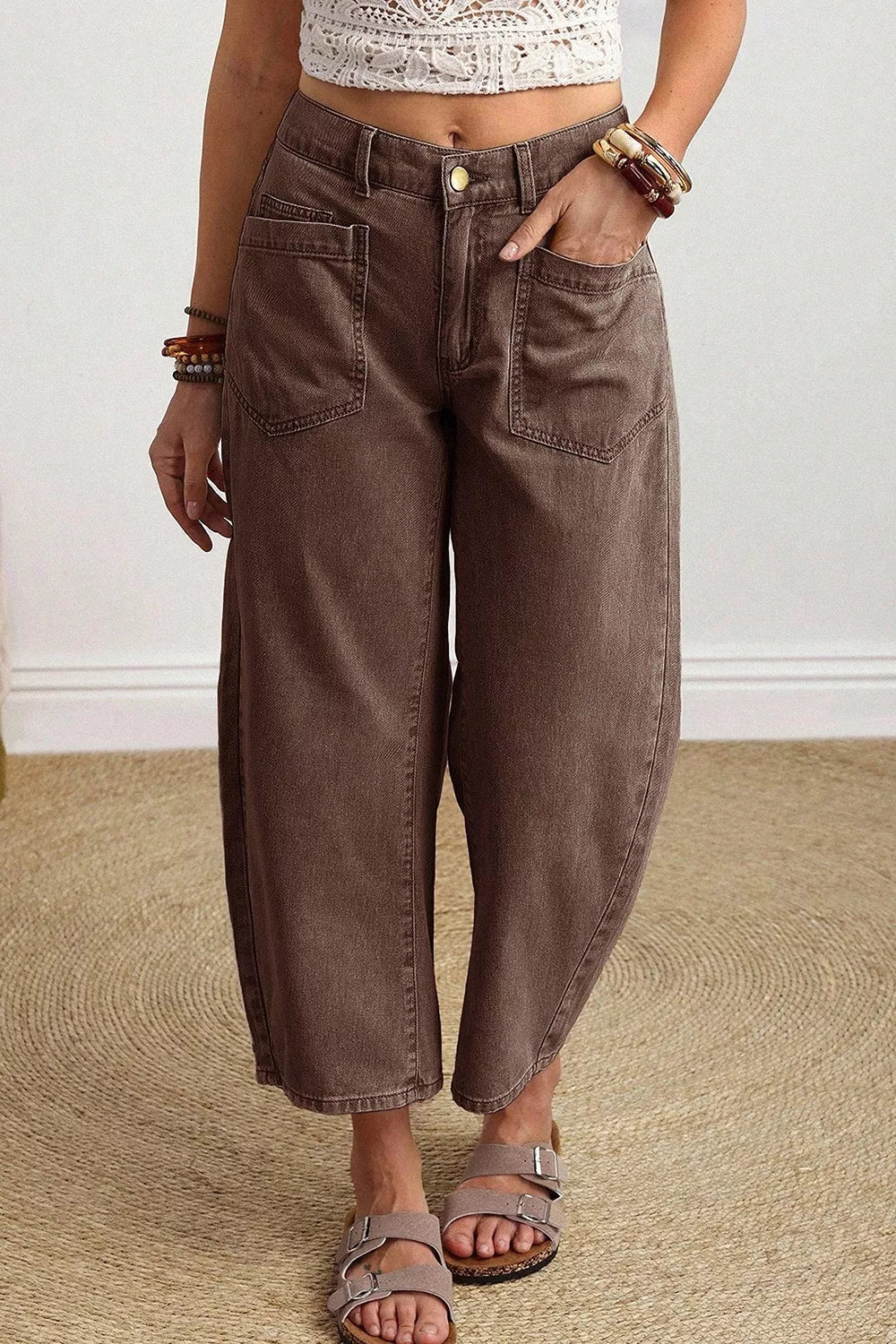 Solid Color Square Patch Pocket Ankle-length Barrel Jeans designed for comfort and style at Lookzlike