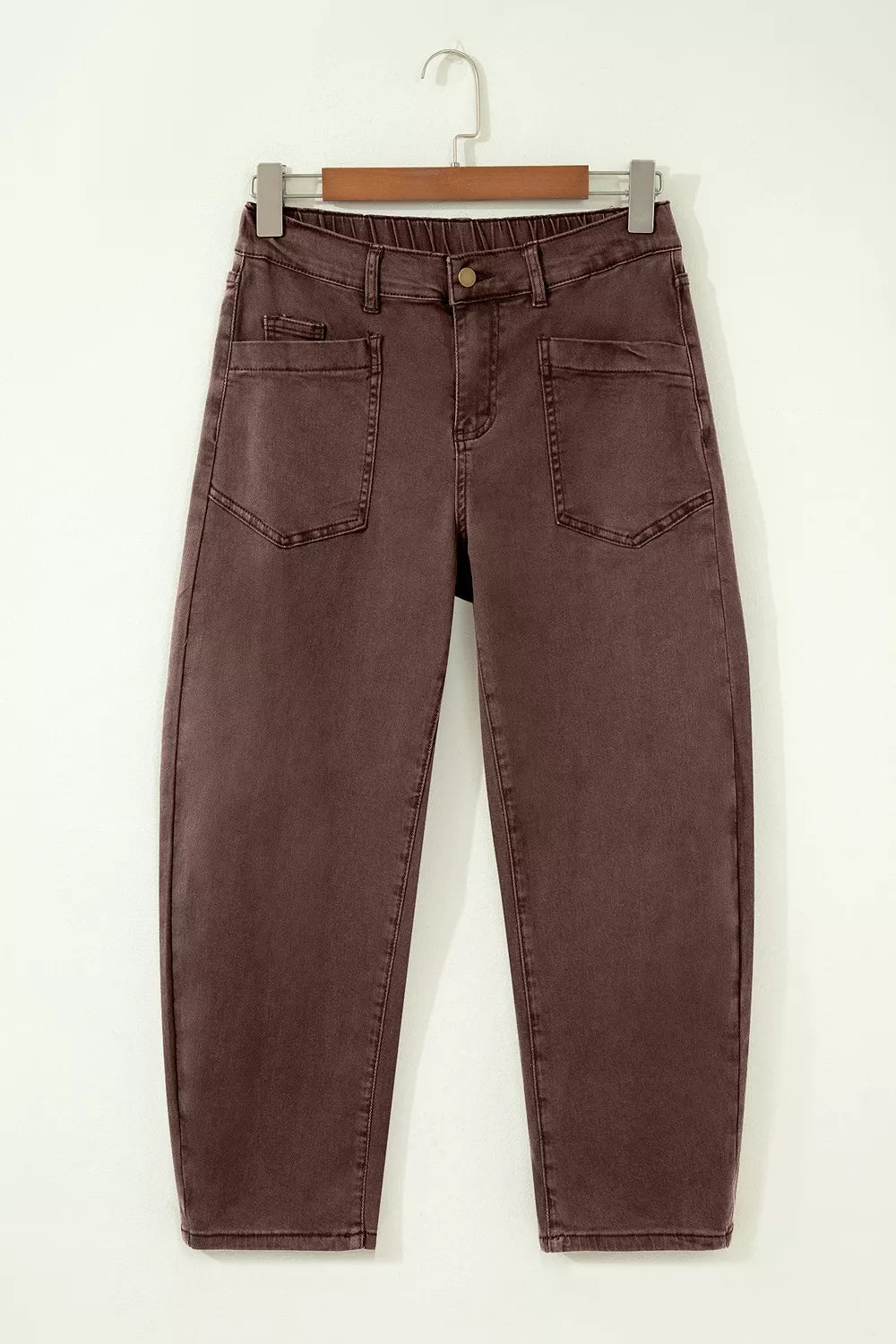 Solid Color Square Patch Pocket Ankle-length Barrel Jeans designed for comfort and style at Lookzlike