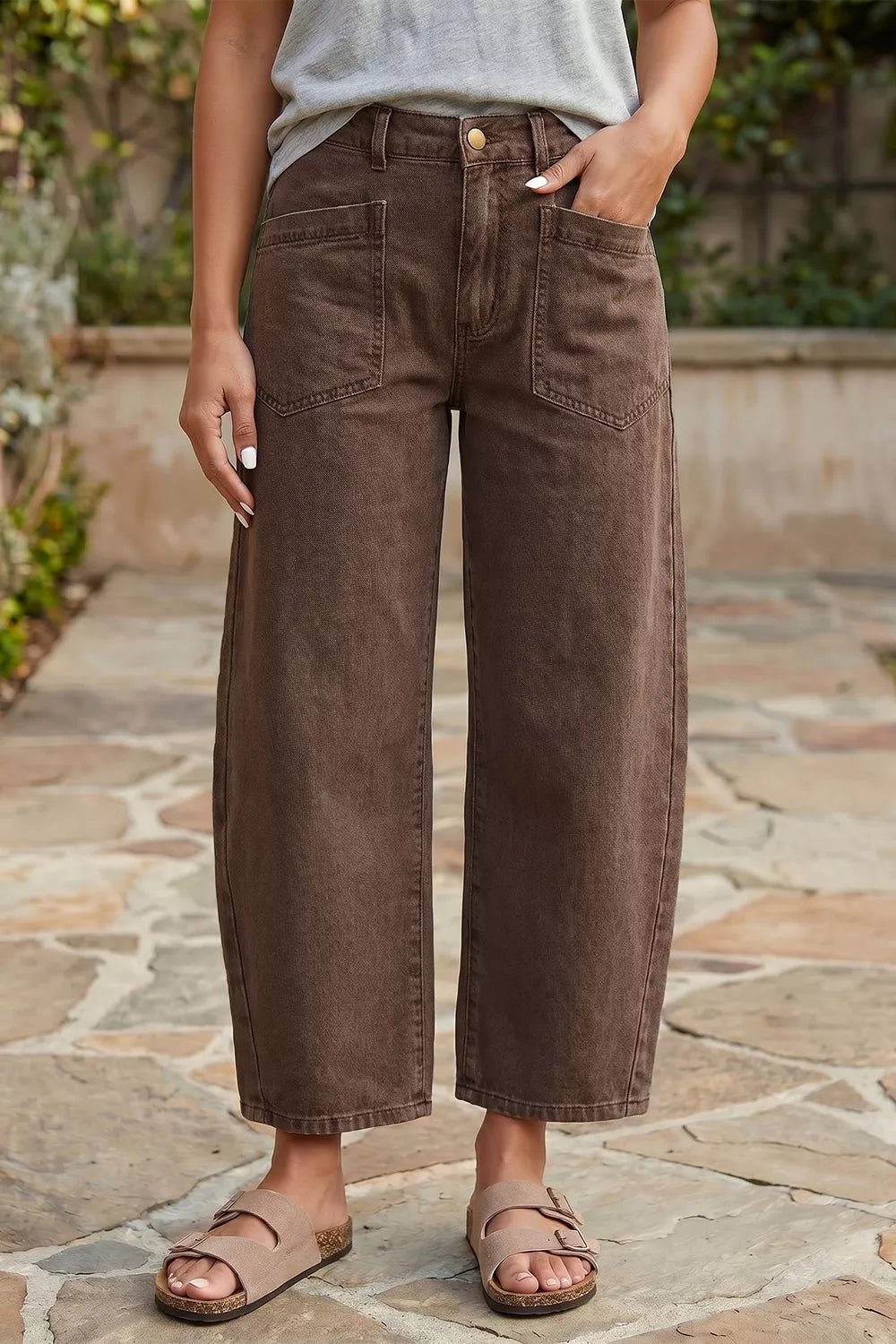 Solid Color Square Patch Pocket Ankle-length Barrel Jeans designed for comfort and style at Lookzlike