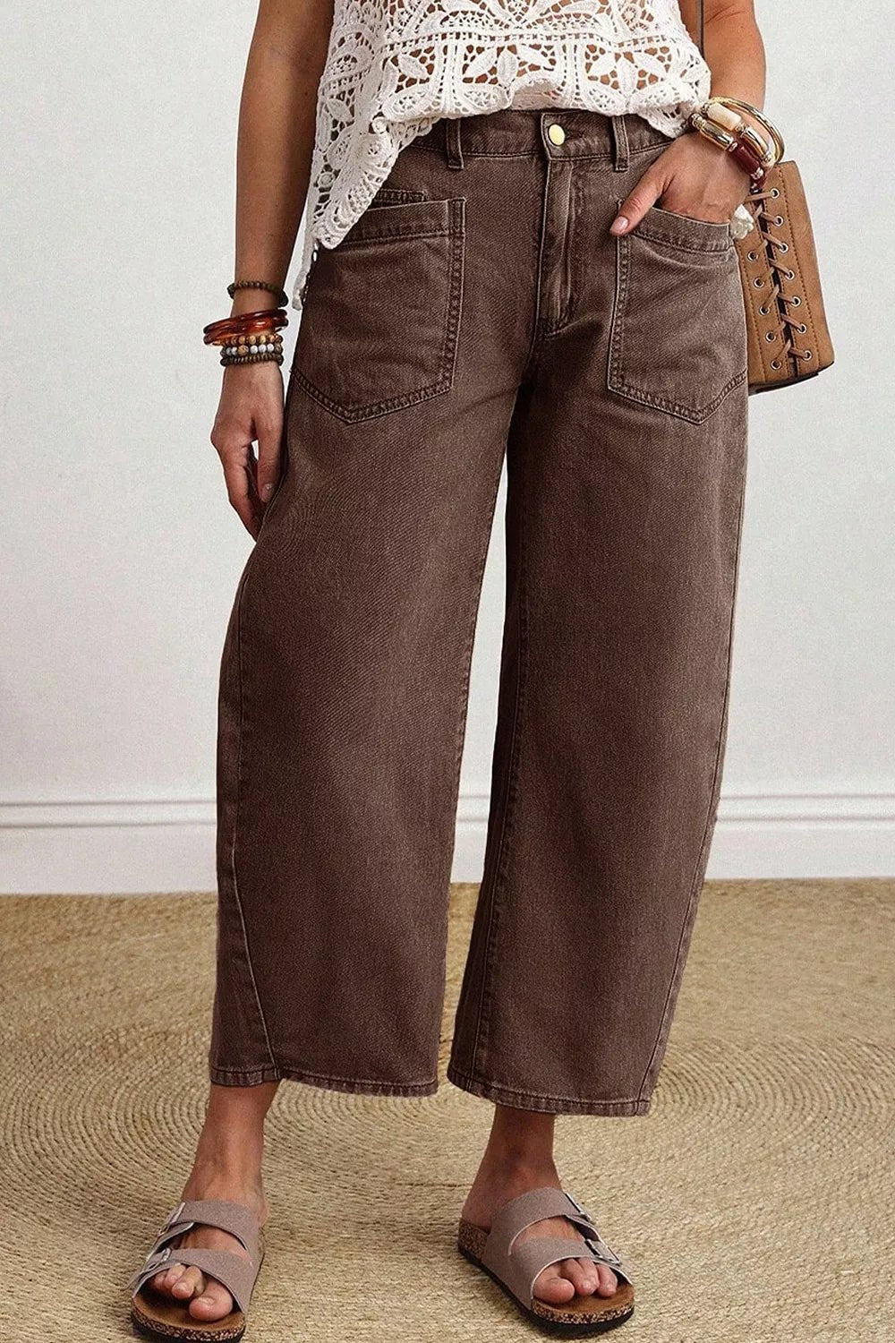 Solid Color Square Patch Pocket Ankle-length Barrel Jeans designed for comfort and style at Lookzlike