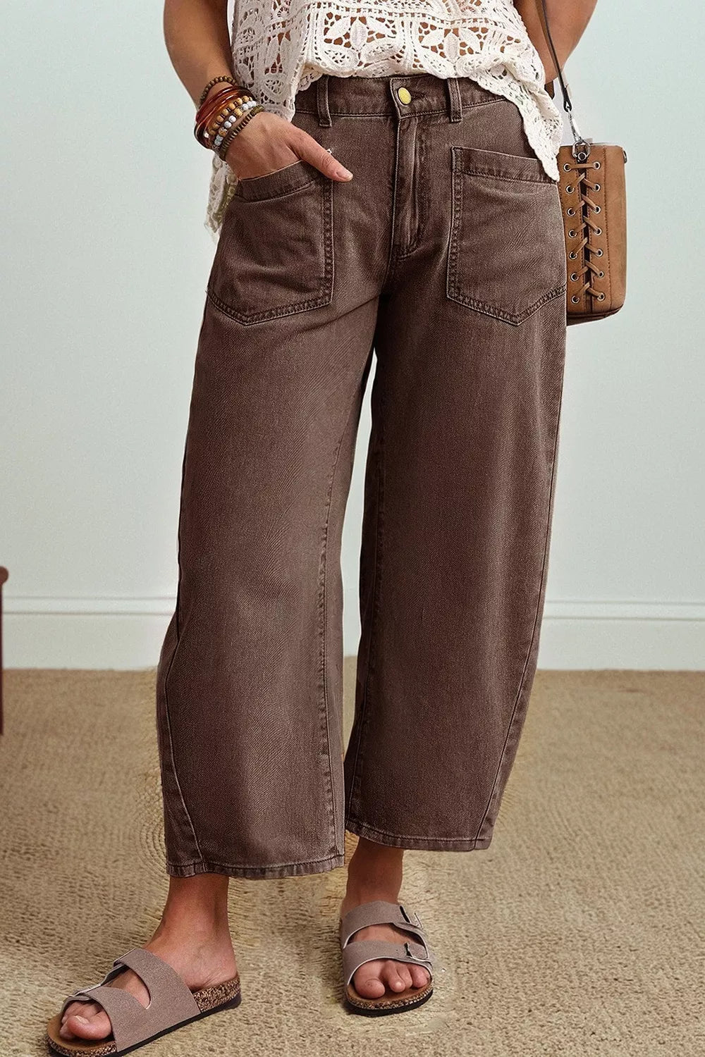 Solid Color Square Patch Pocket Ankle-length Barrel Jeans designed for comfort and style at Lookzlike