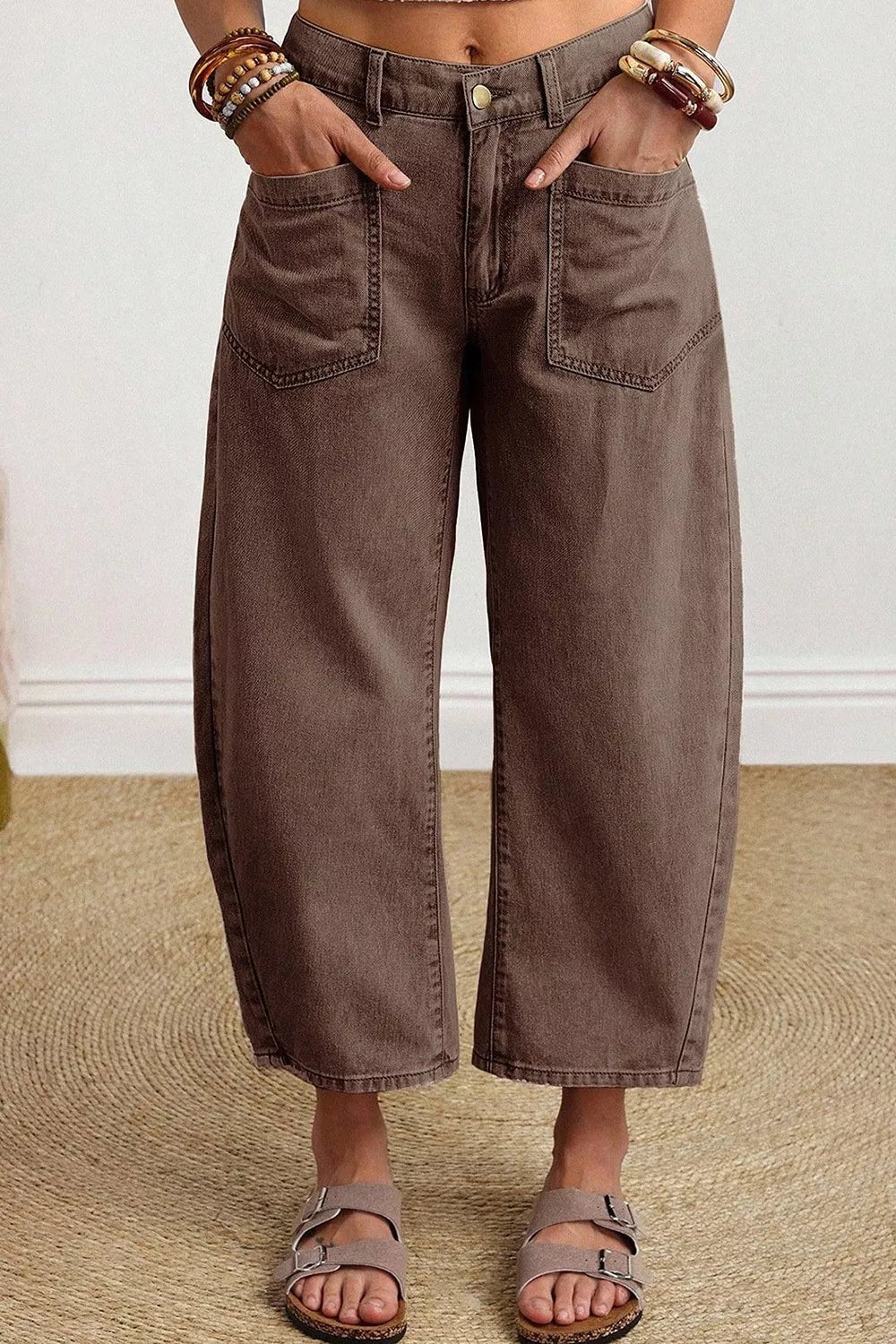 Solid Color Square Patch Pocket Ankle-length Barrel Jeans designed for comfort and style at Lookzlike
