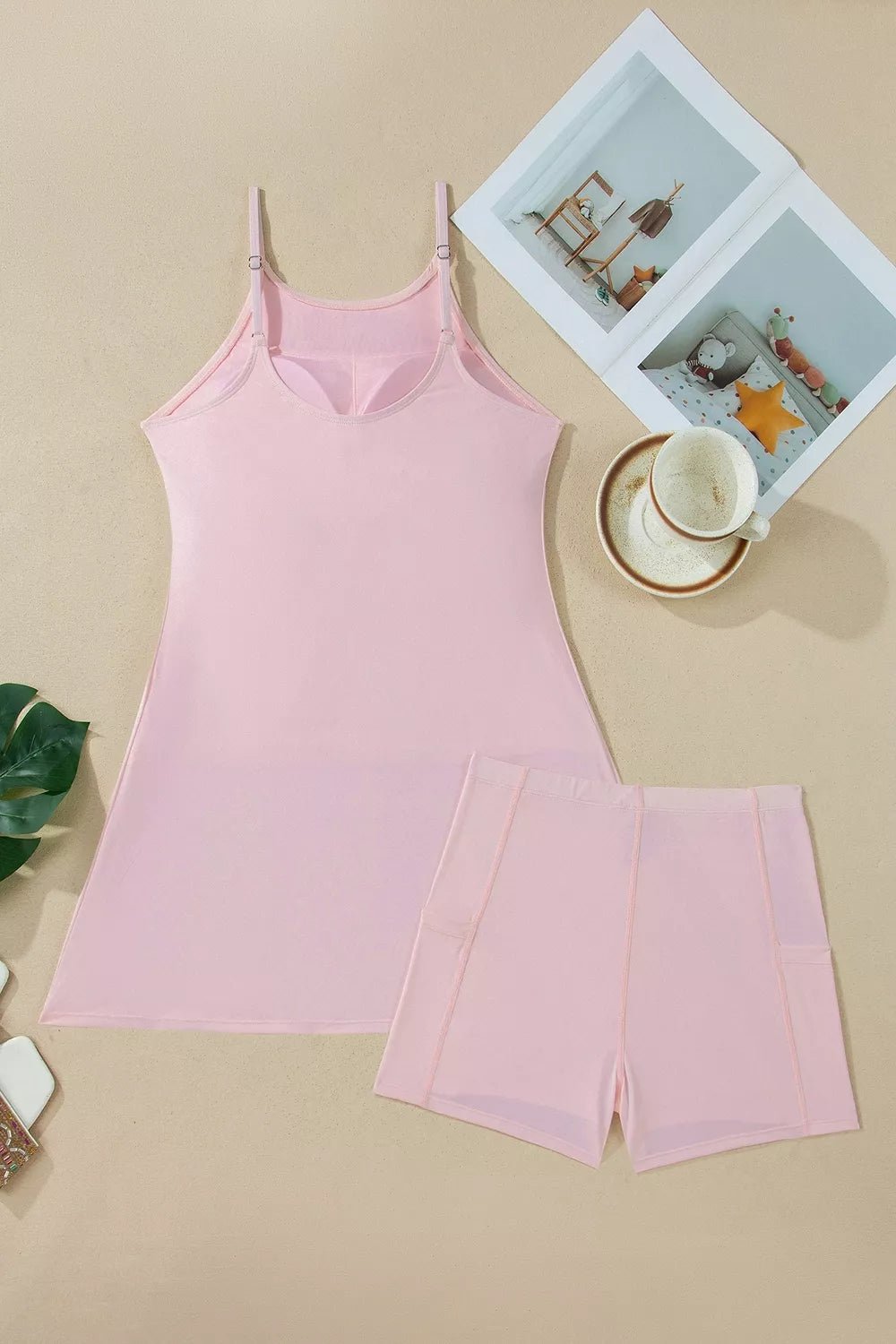 Solid Color Tunic Tank Dress Athletic Shorts Two Piece Set designed for comfort and style at Lookzlike