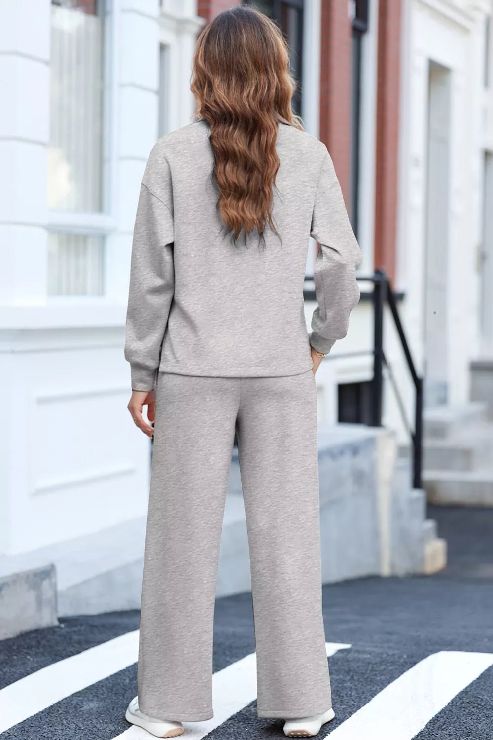 Solid Color V Neck Top and High Waist Pants Set designed for comfort and style at Lookzlike