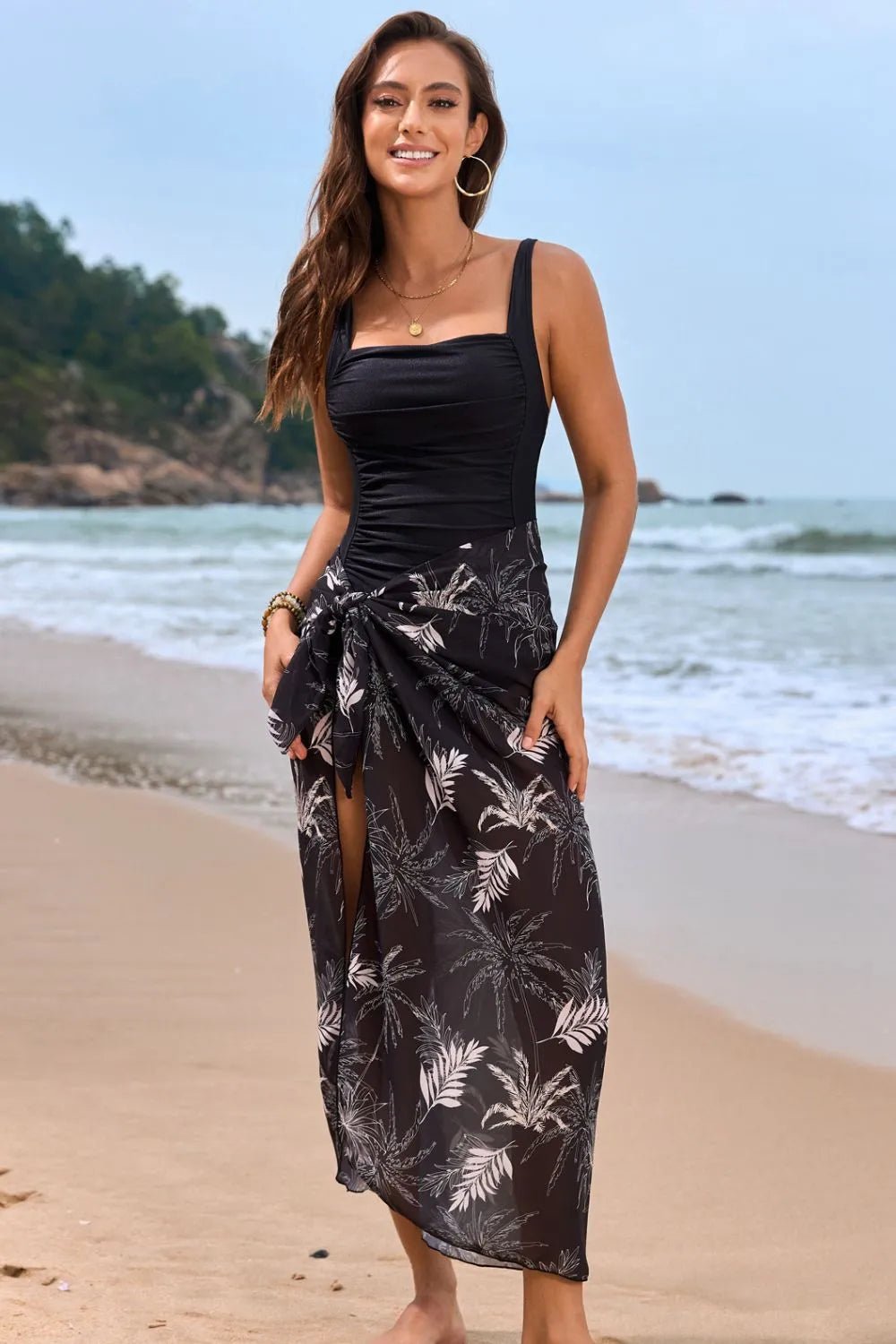 Square Neck Printed One-Piece Swimwear and Cover Up Swim Set - Lookzlike