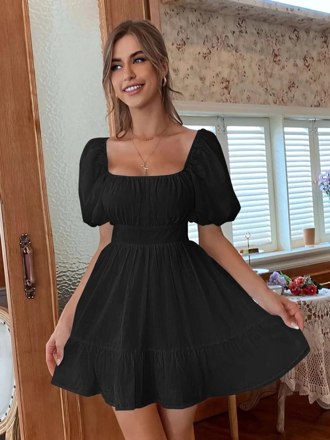 Square Neck Puff Sleeve Mini Dress designed for comfort and style at Lookzlike