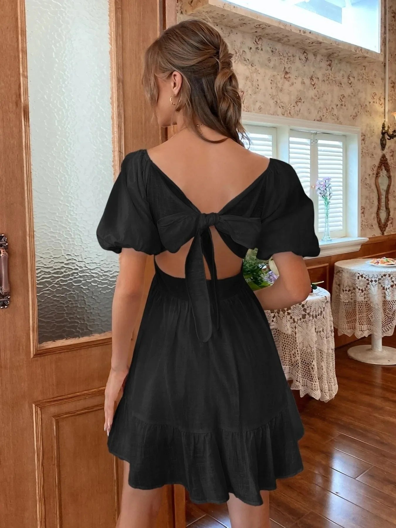 Square Neck Puff Sleeve Mini Dress designed for comfort and style at Lookzlike