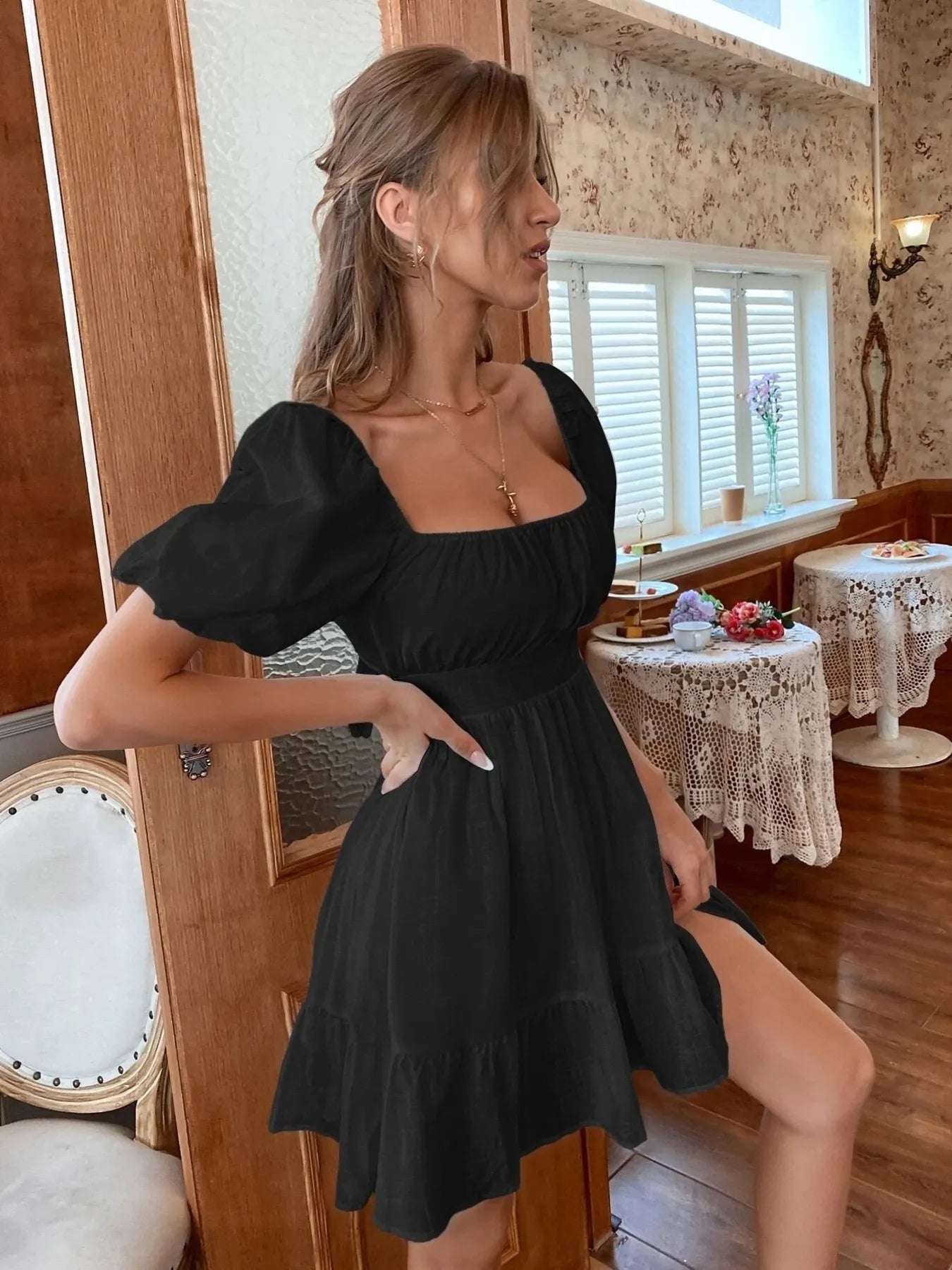 Square Neck Puff Sleeve Mini Dress designed for comfort and style at Lookzlike