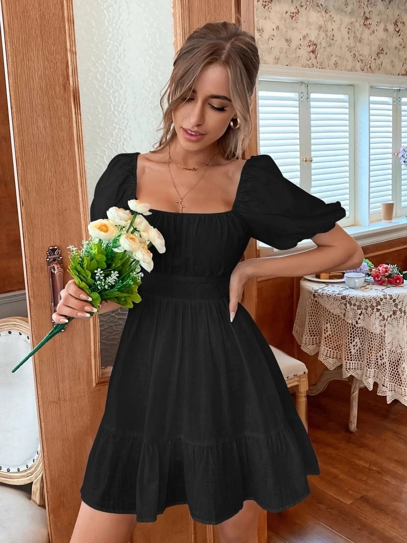 Square Neck Puff Sleeve Mini Dress designed for comfort and style at Lookzlike