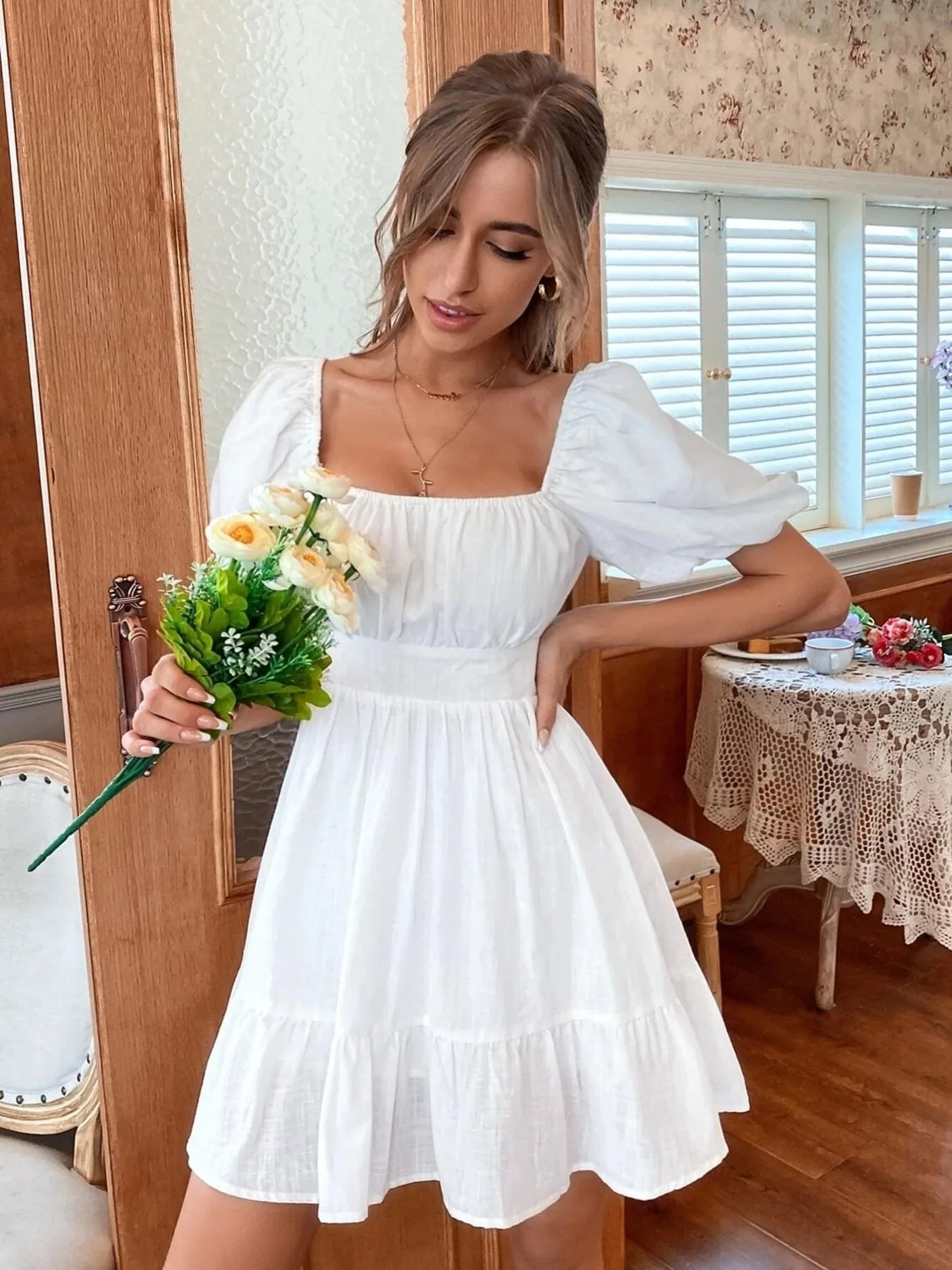 Square Neck Puff Sleeve Mini Dress designed for comfort and style at Lookzlike