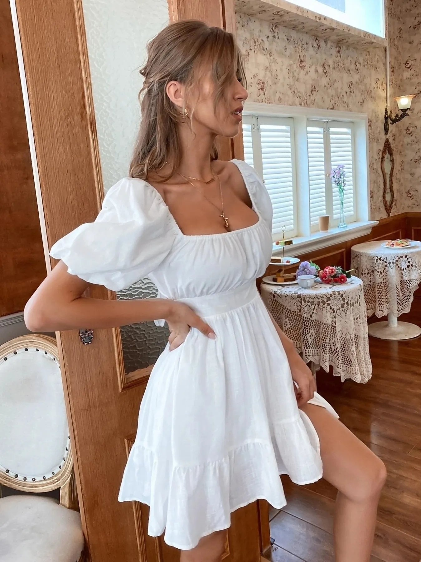 Square Neck Puff Sleeve Mini Dress designed for comfort and style at Lookzlike
