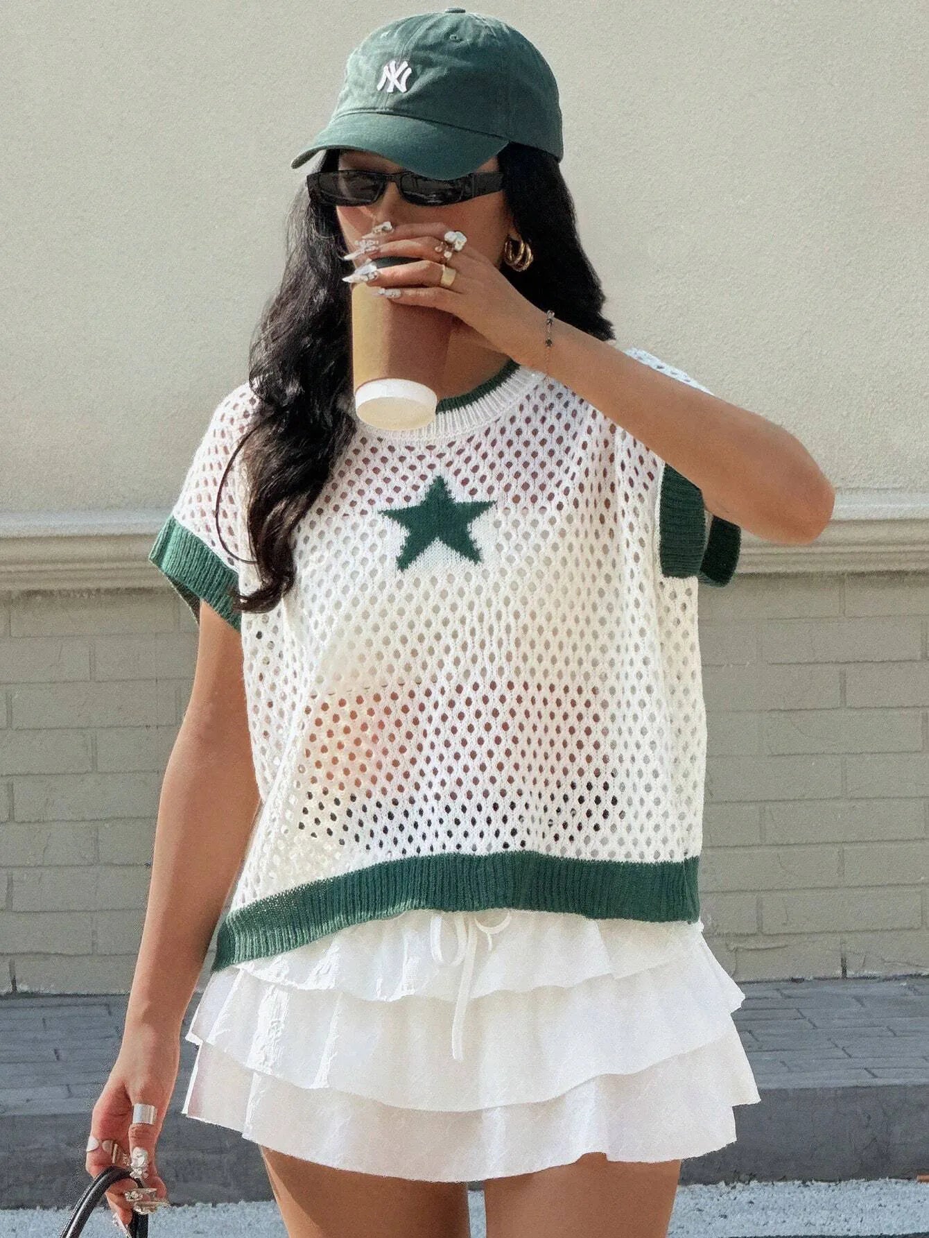 Star Pattern Mesh Knit Short Sleeve Knit Top - Lookzlike
