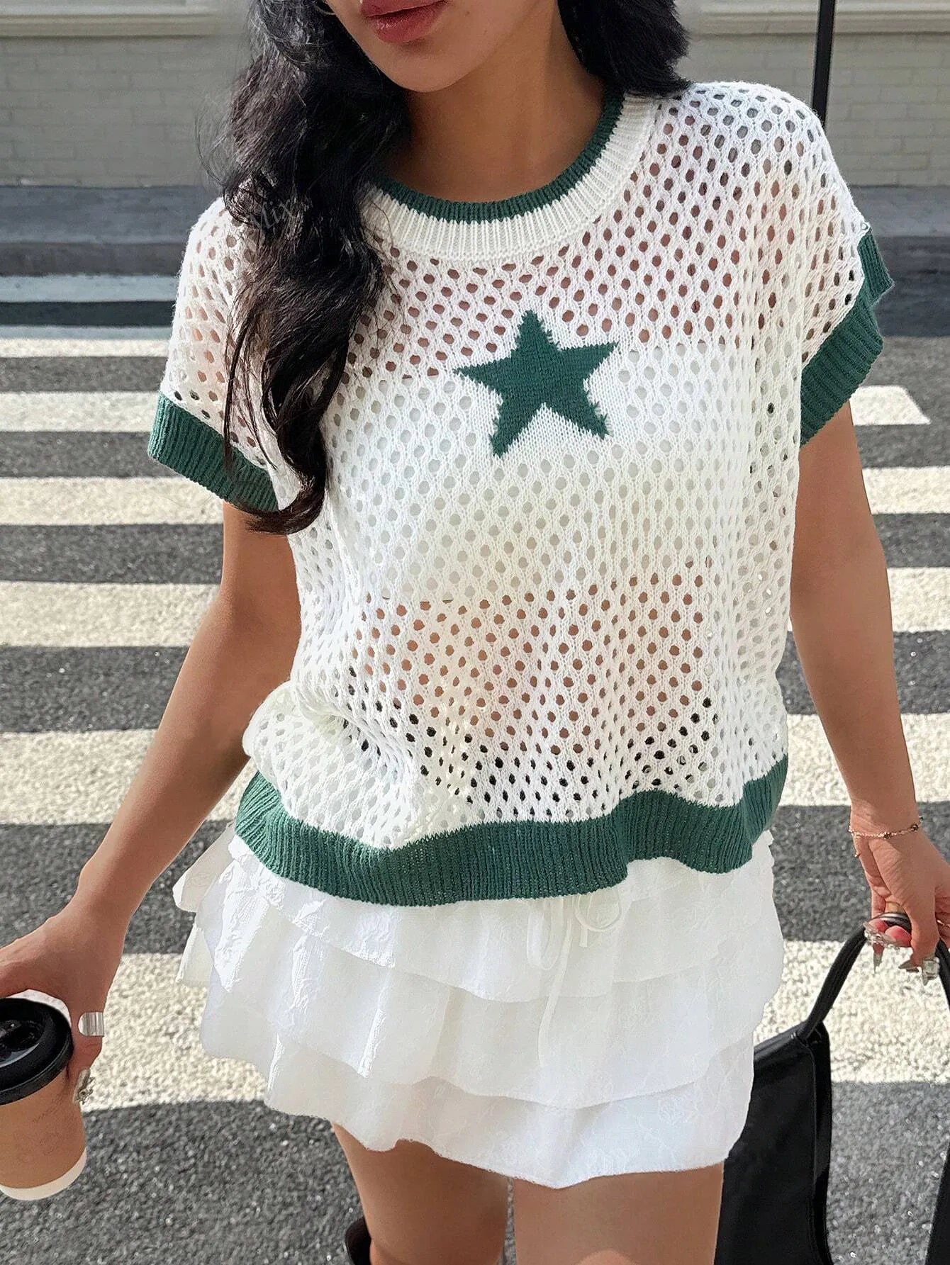 Star Pattern Mesh Knit Short Sleeve Knit Top - Lookzlike