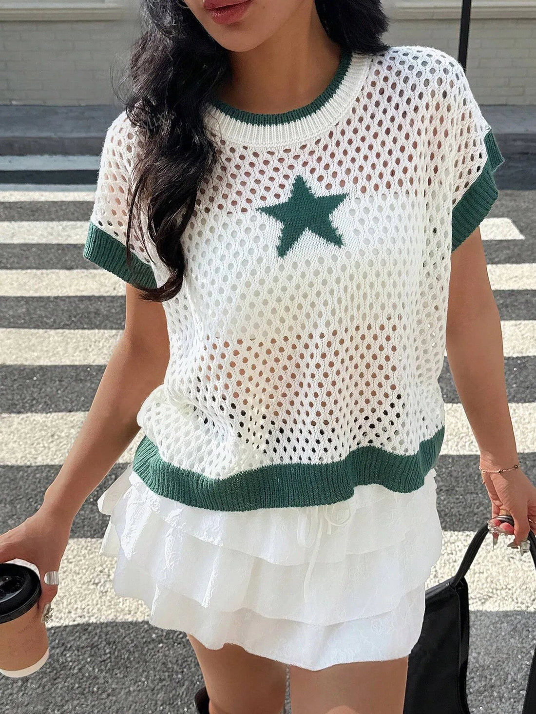 Star Pattern Mesh Knit Short Sleeve Knit Top - Lookzlike