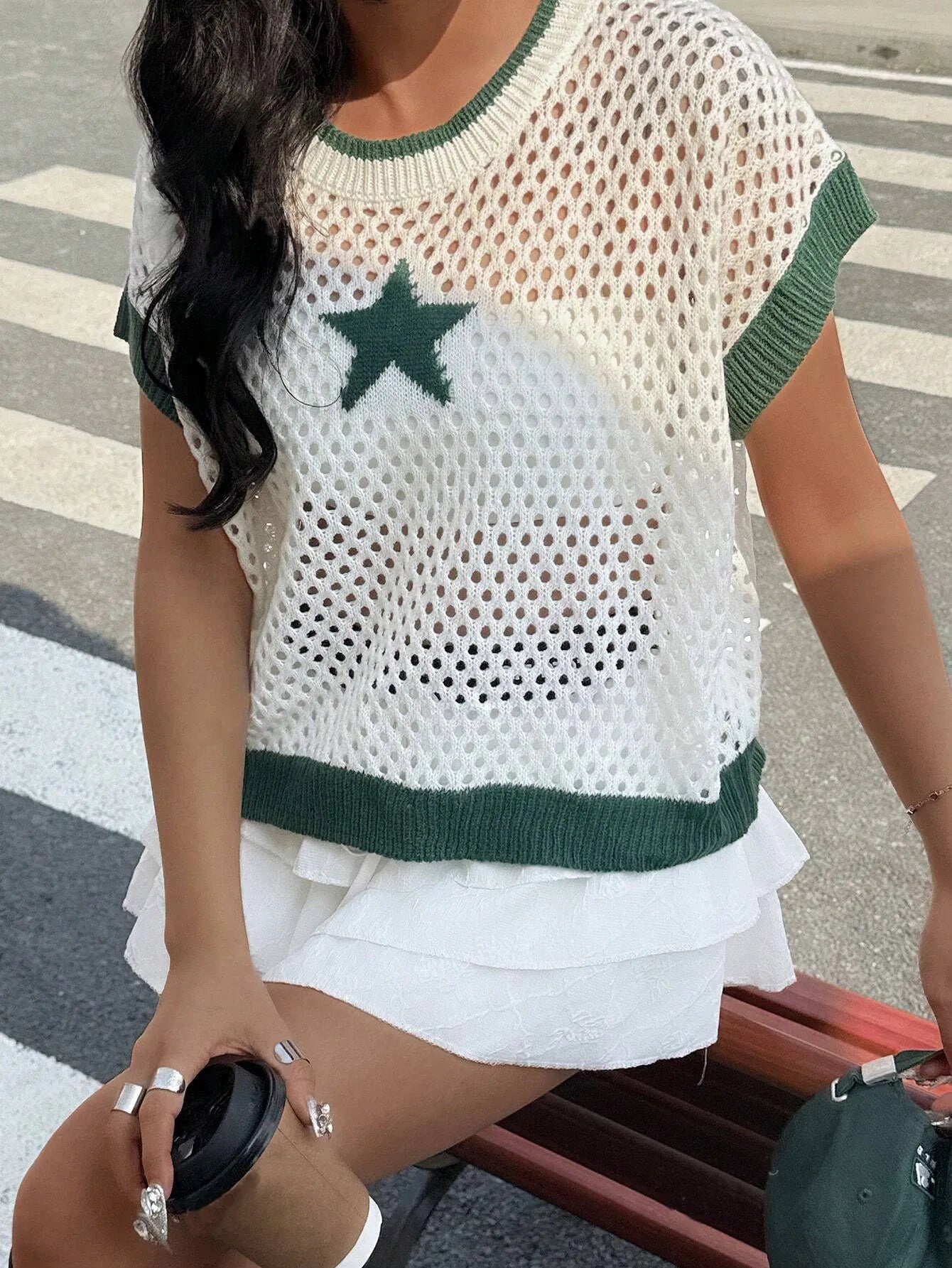 Star Pattern Mesh Knit Short Sleeve Knit Top - Lookzlike