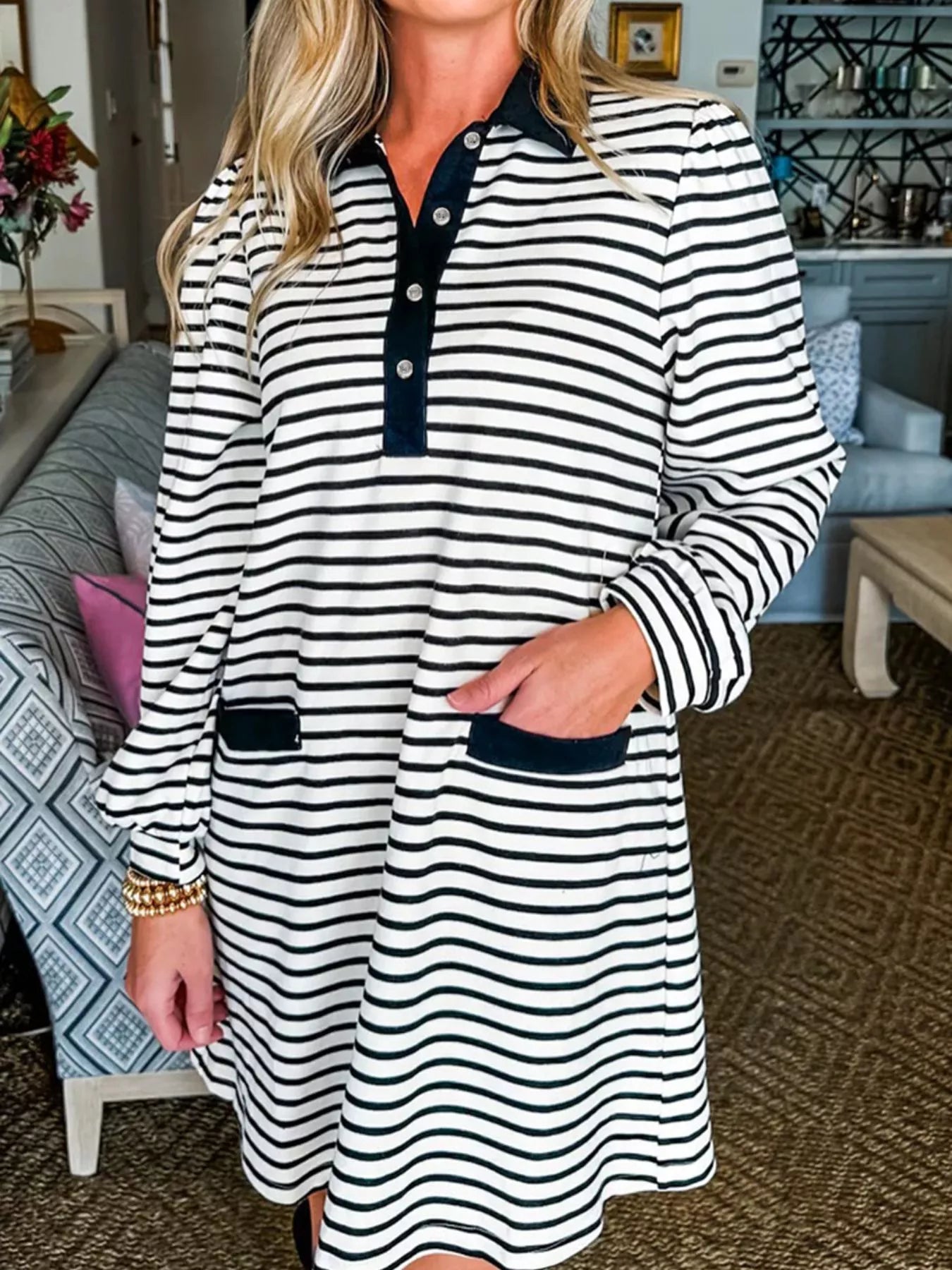 Stripe Buttoned Front Collared Long Sleeve T Shirt Dress with Pockets designed for comfort and style at Lookzlike
