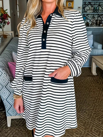 Stripe Buttoned Front Collared Long Sleeve T Shirt Dress with Pockets designed for comfort and style at Lookzlike