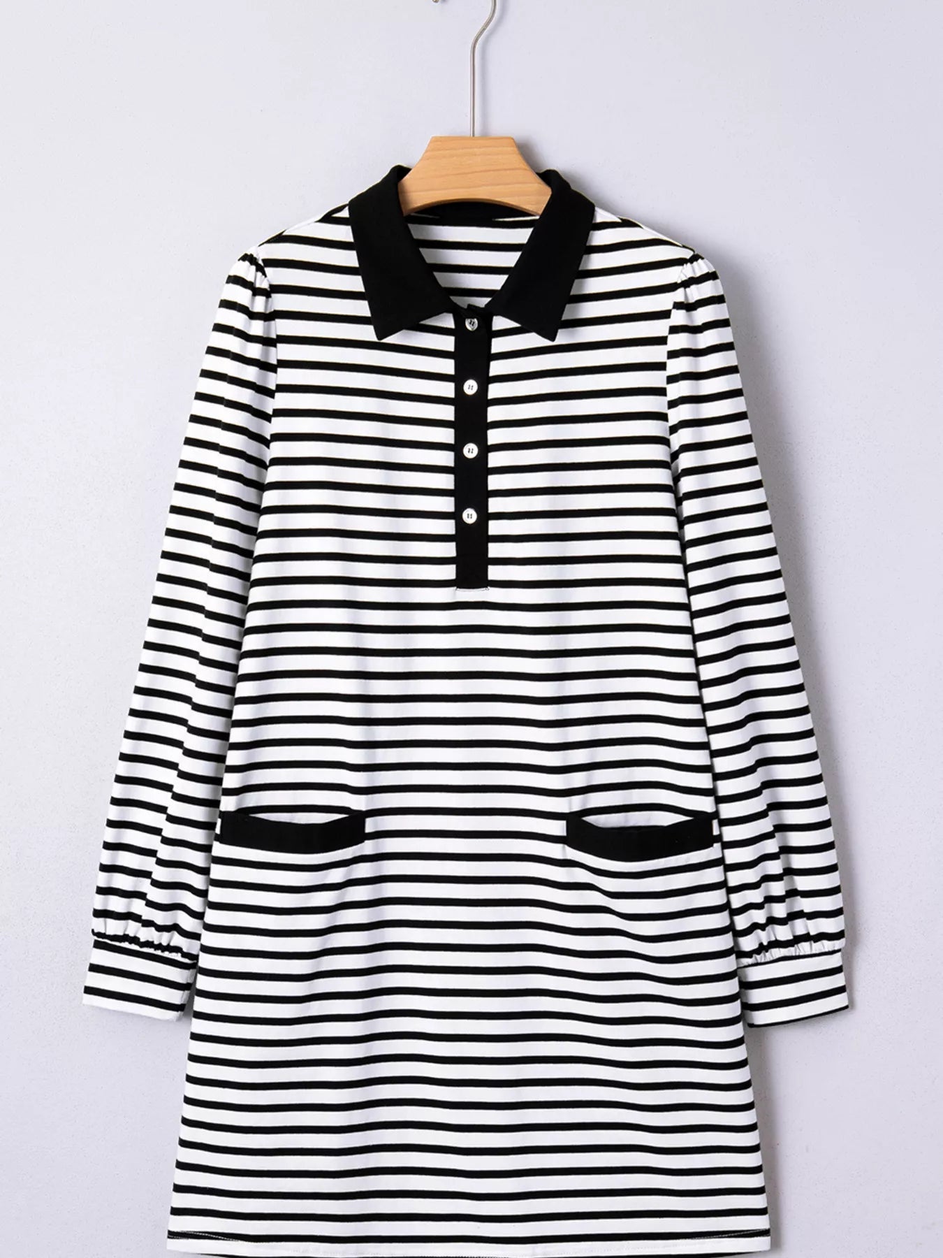 Stripe Buttoned Front Collared Long Sleeve T Shirt Dress with Pockets designed for comfort and style at Lookzlike